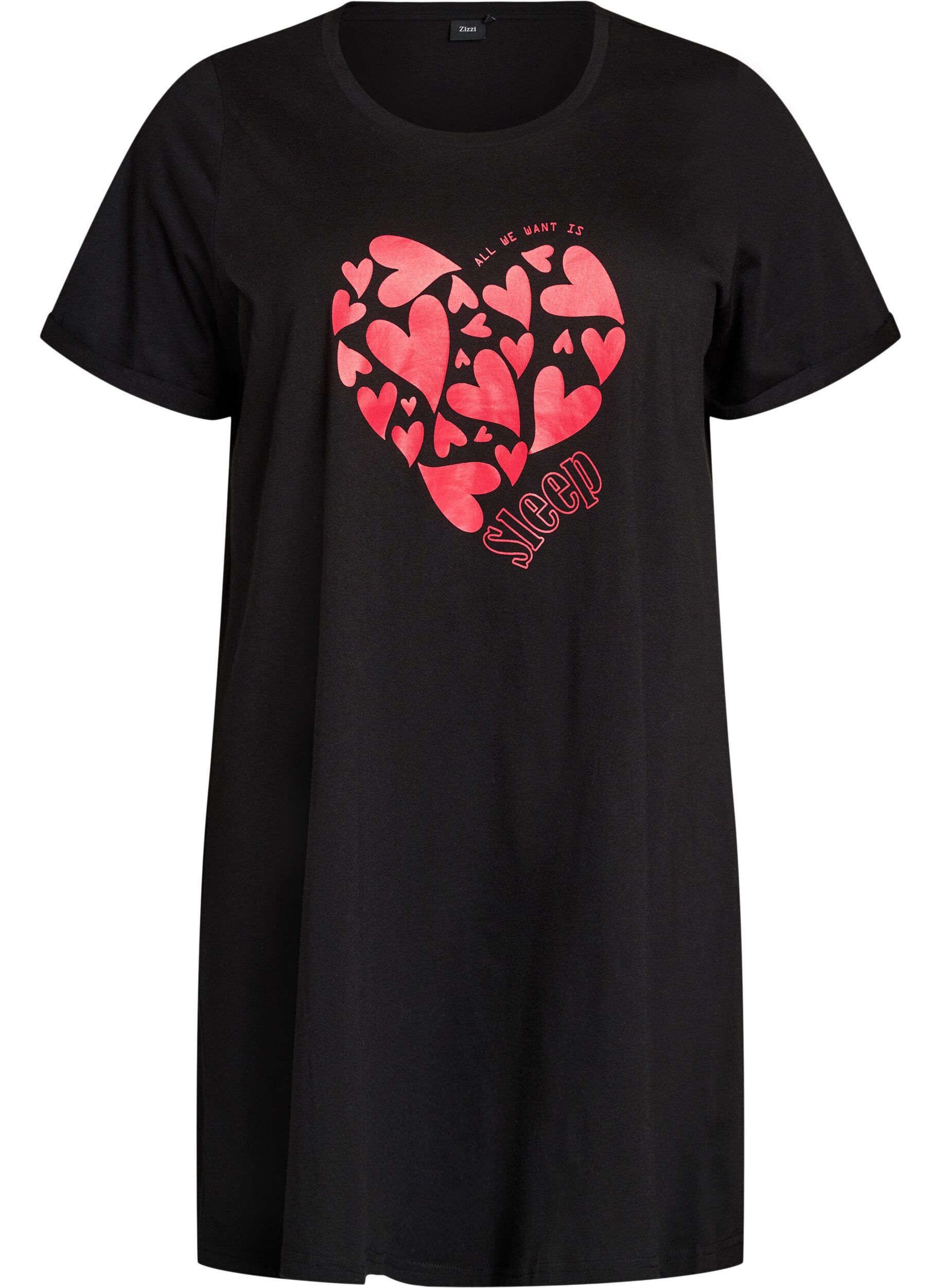 Zizzi Nachtjapon met korte mouwen van biologisch katoen, Zwart, Packshot image number 0