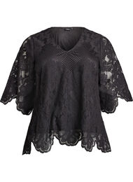 Kanten blouse met V-hals en 1/2 mouwen, Zwart