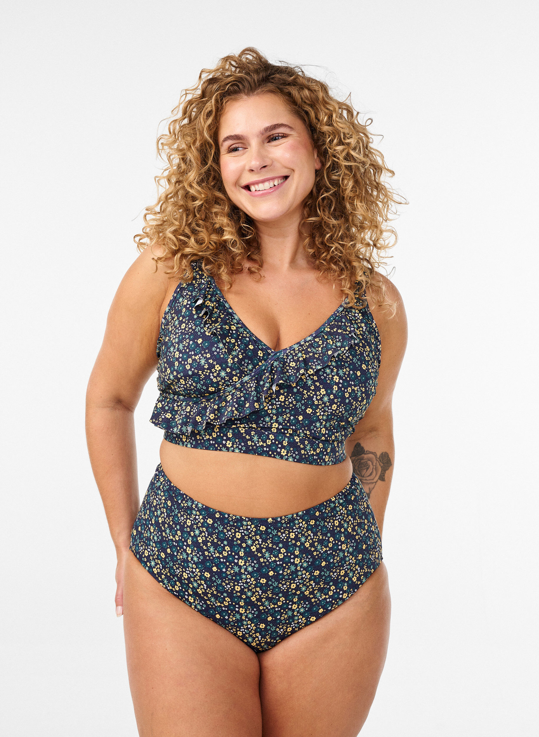 Bikinibroekje met print en hoge taille, Groen, Model