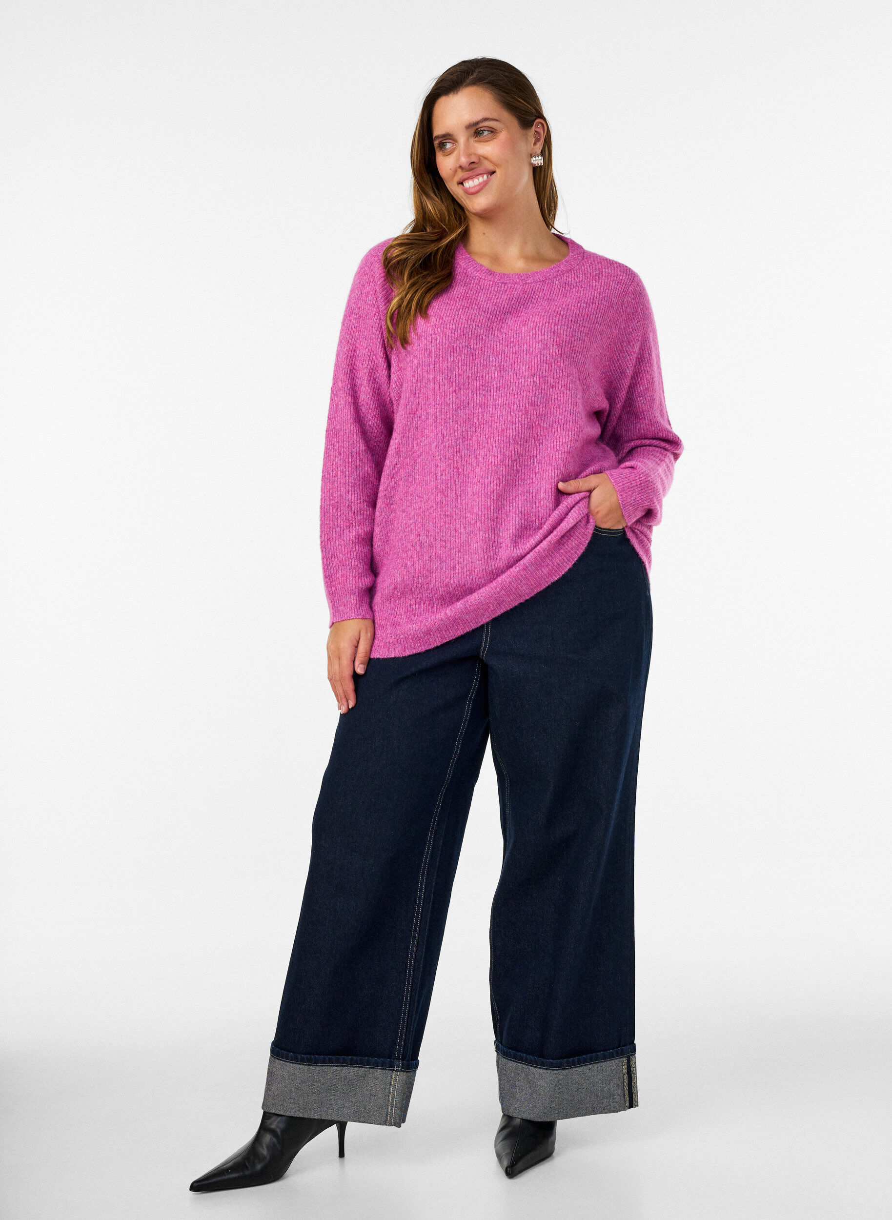 ZizziGem&ecirc;leerde gebreide blouse met ronde hals, Paars, Model image number 1