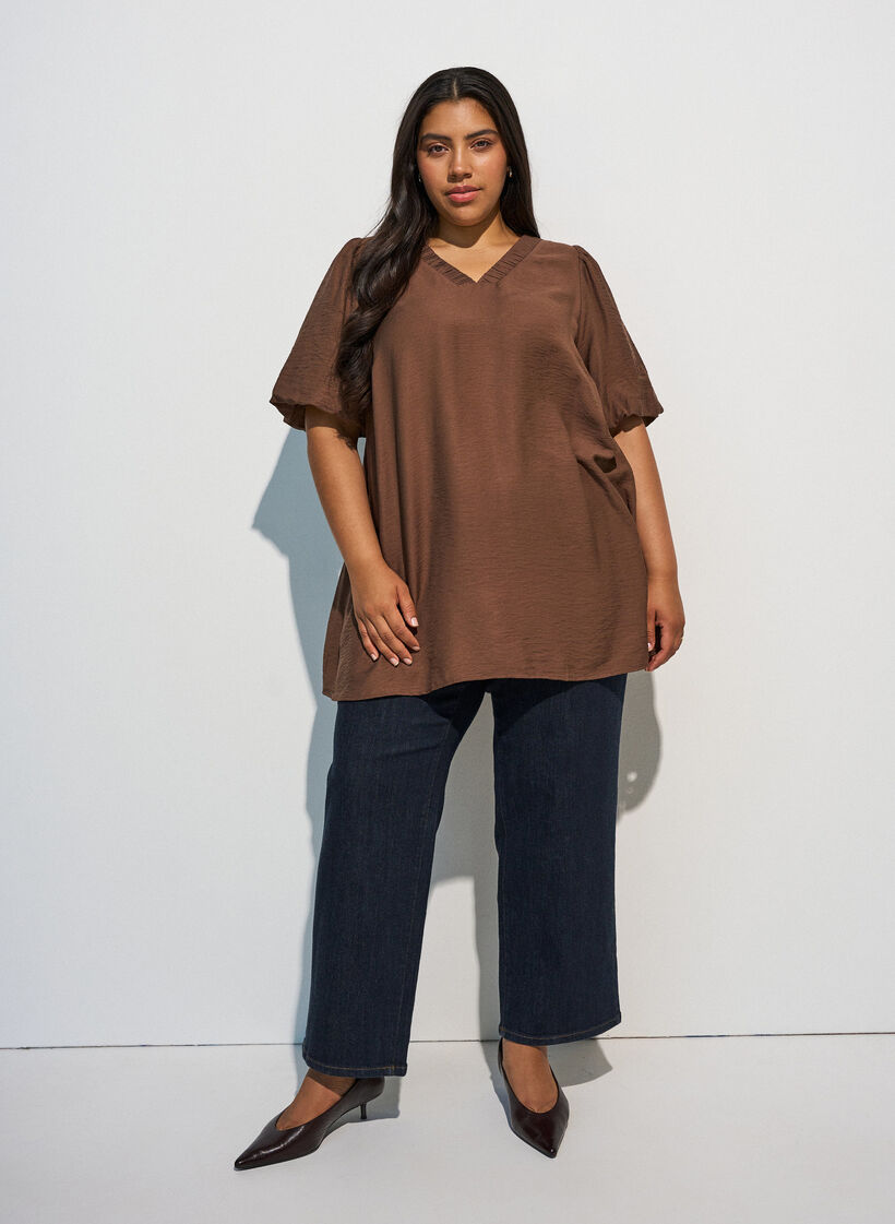 Tunic met ballonnenmouwen en een V-hals, Bruin, Model image number 1