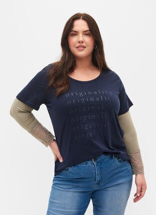 Katoenen t-shirt met tweekleurig bedrukt logo, Navy Blazer, Model image number 0