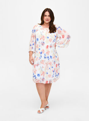 Bedrukte geplooide jurk met bindband, White/Blue Floral, Model image number 2