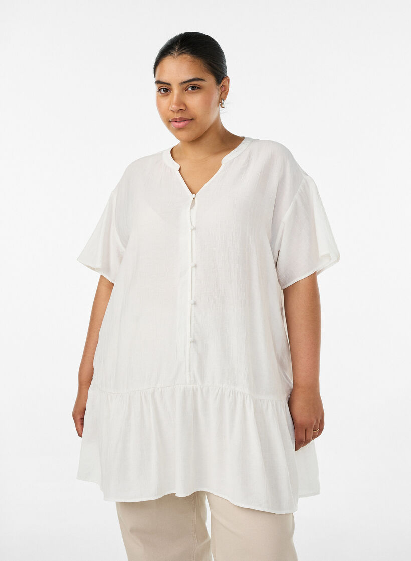 Losse tuniek met gekreukte structuur en rucherand, Vanille, Model image number 0
