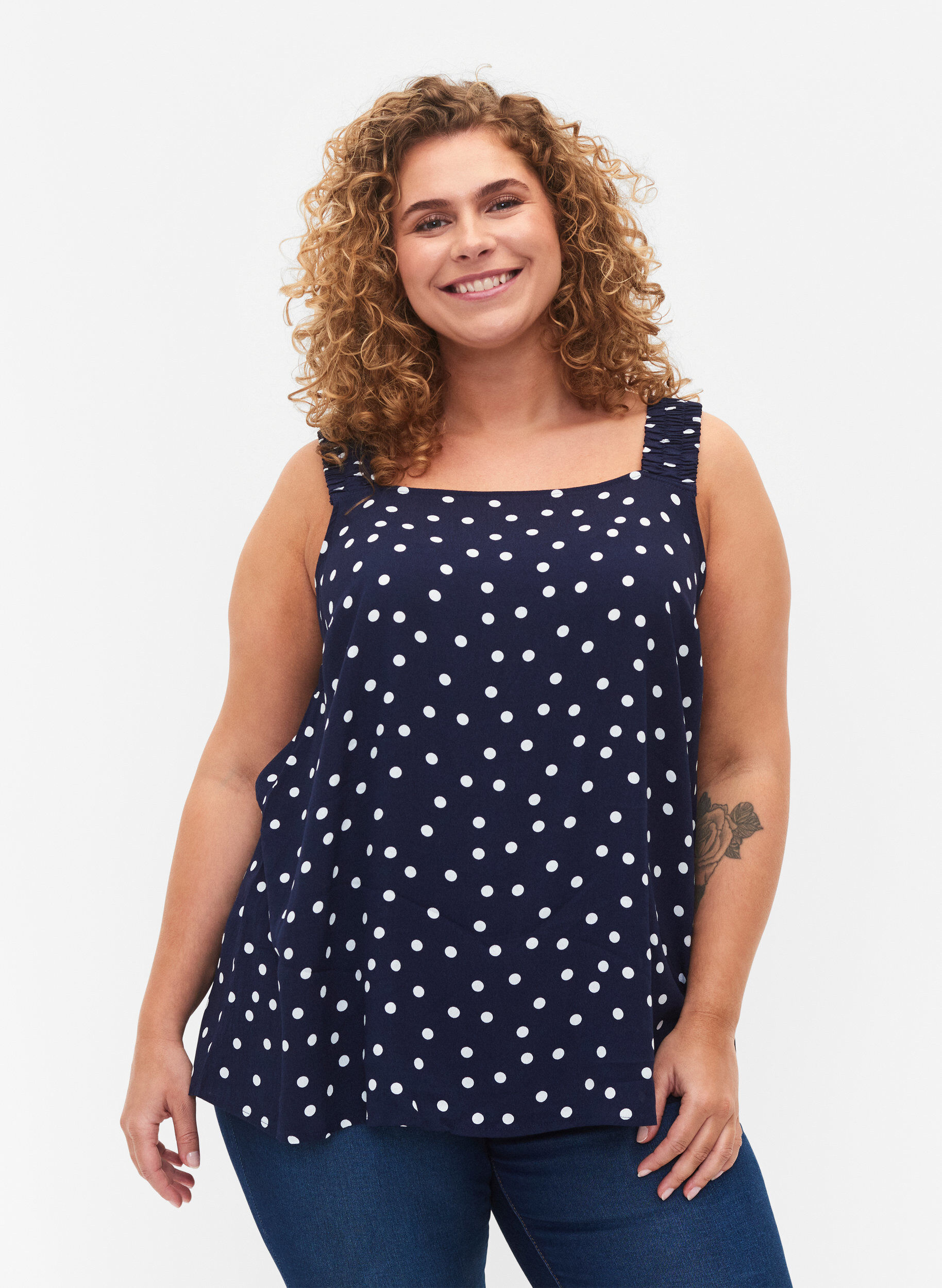 Zizzi Bedrukte top van viscose met a-vorm, Peacoat Dot, Model image number 0