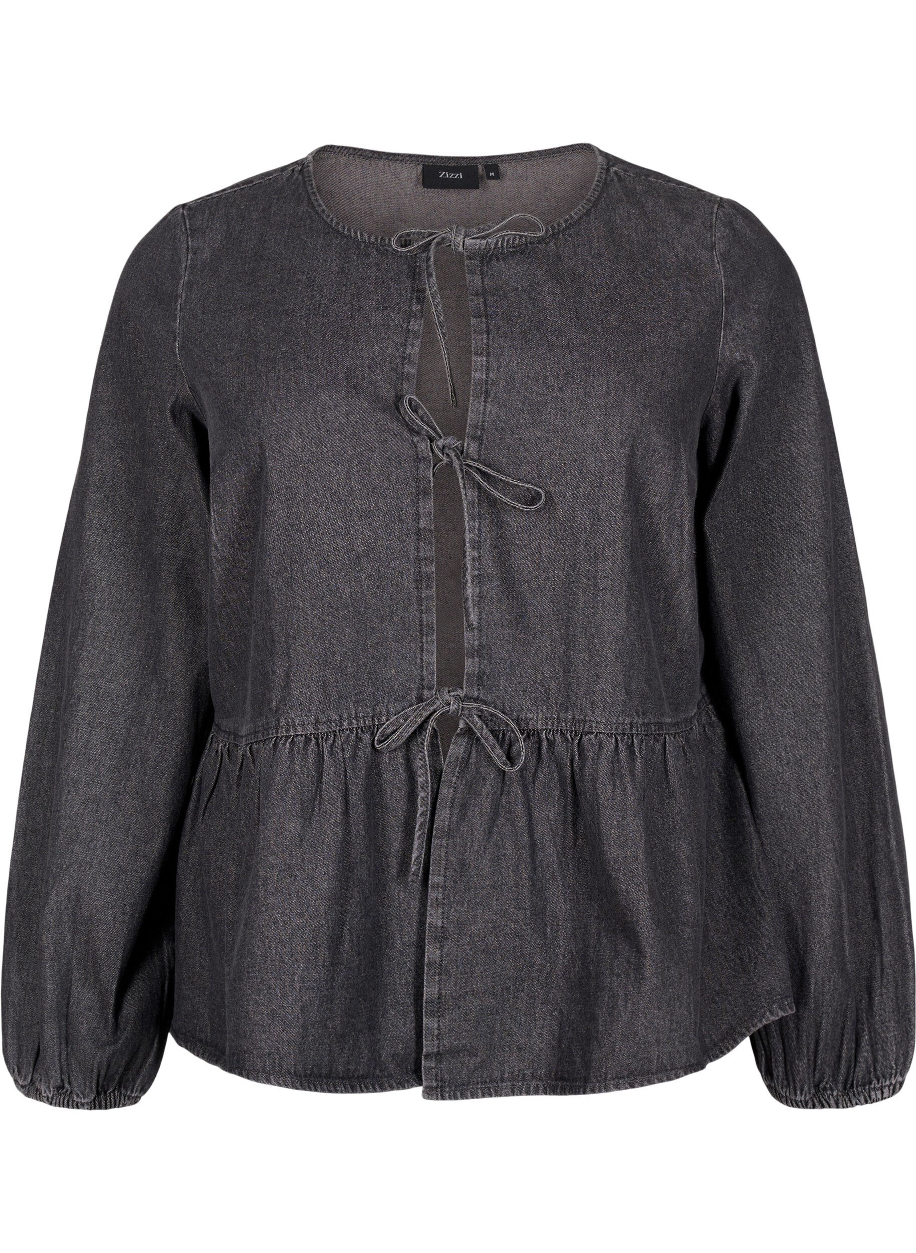 Zizzi Peplum blouse van denim met striksluiting, Grijs, Packshot image number 0