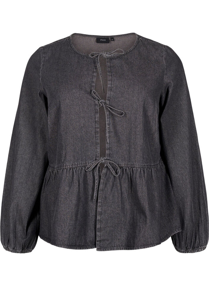 Peplum blouse van denim met striksluiting, Grijs, Packshot image number 0