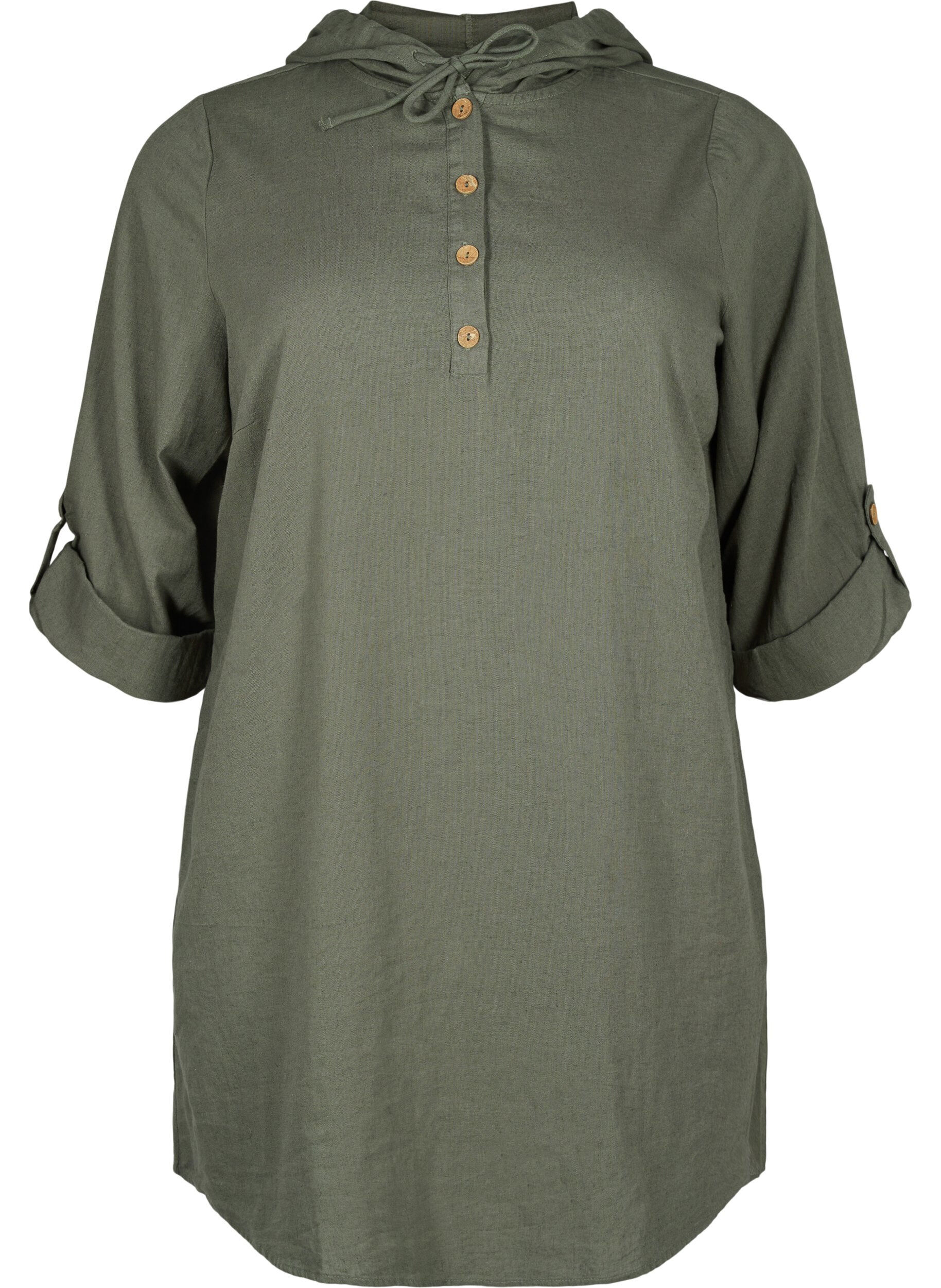 Zizzi Tuniek met capuchon van katoen en linnen, Thyme, Packshot image number 0
