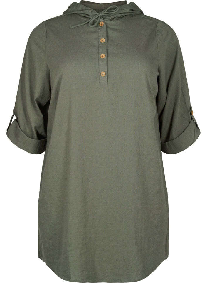 Tuniek met capuchon van katoen en linnen, Thyme, Packshot image number 0
