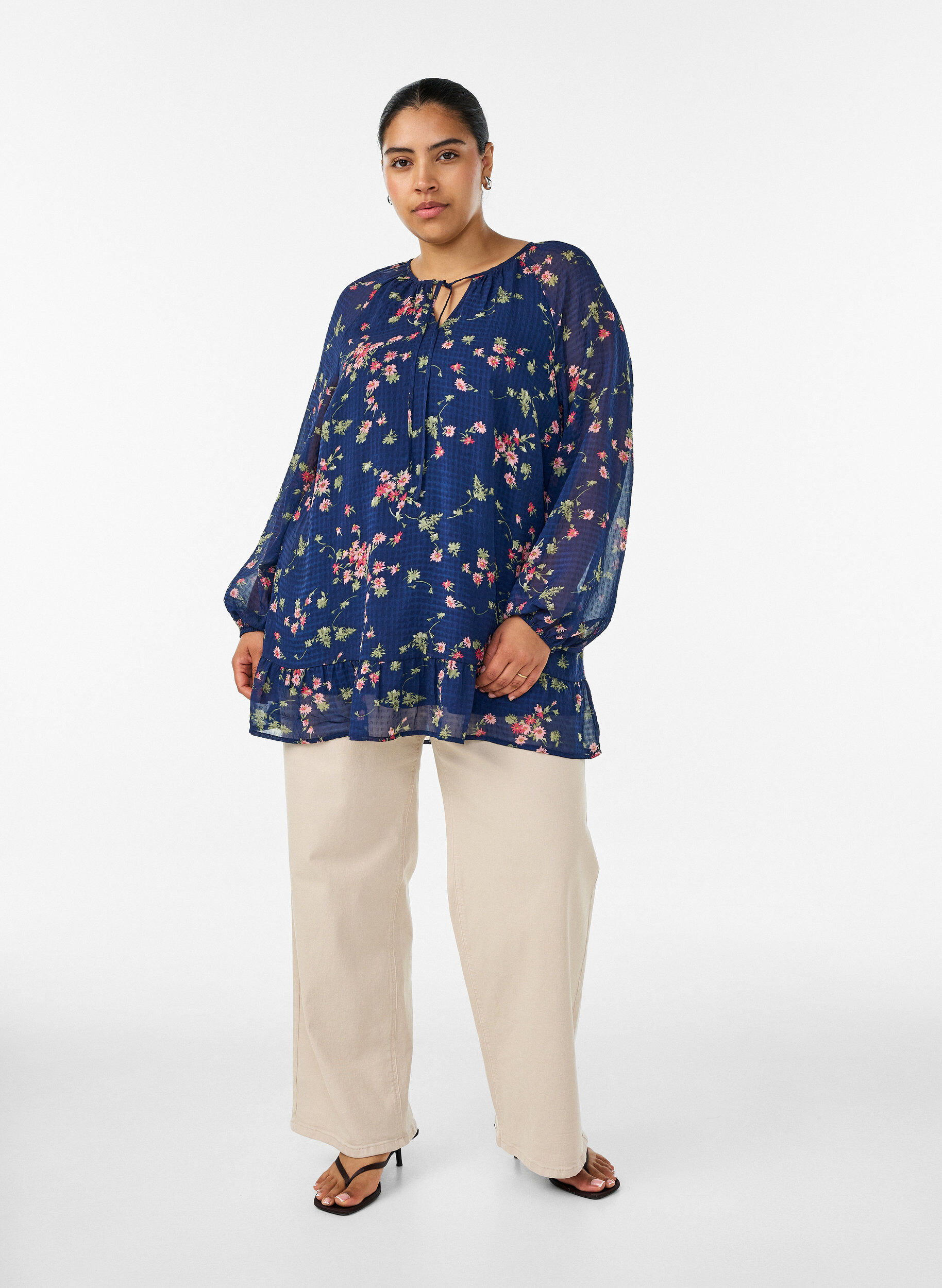 ZizziA-lijn tuniek met bloemenprint, Blauw, Model image number 1