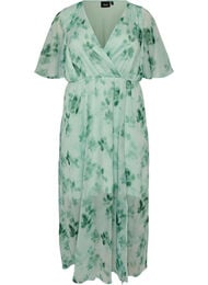 Lange chiffon jurk met bloemenprint en korte mouwen, Groen