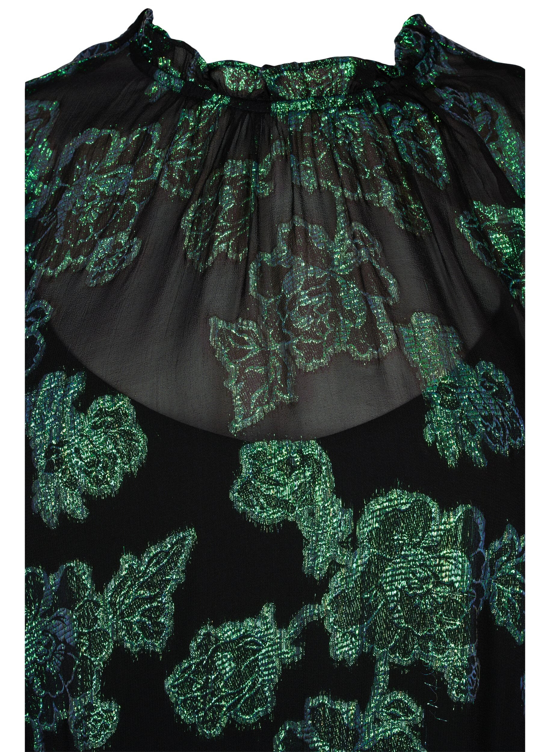 Zizzi Jurk van viscose met bloemen en lurex structuur, Black w. Green Lurex, Packshot image number 2