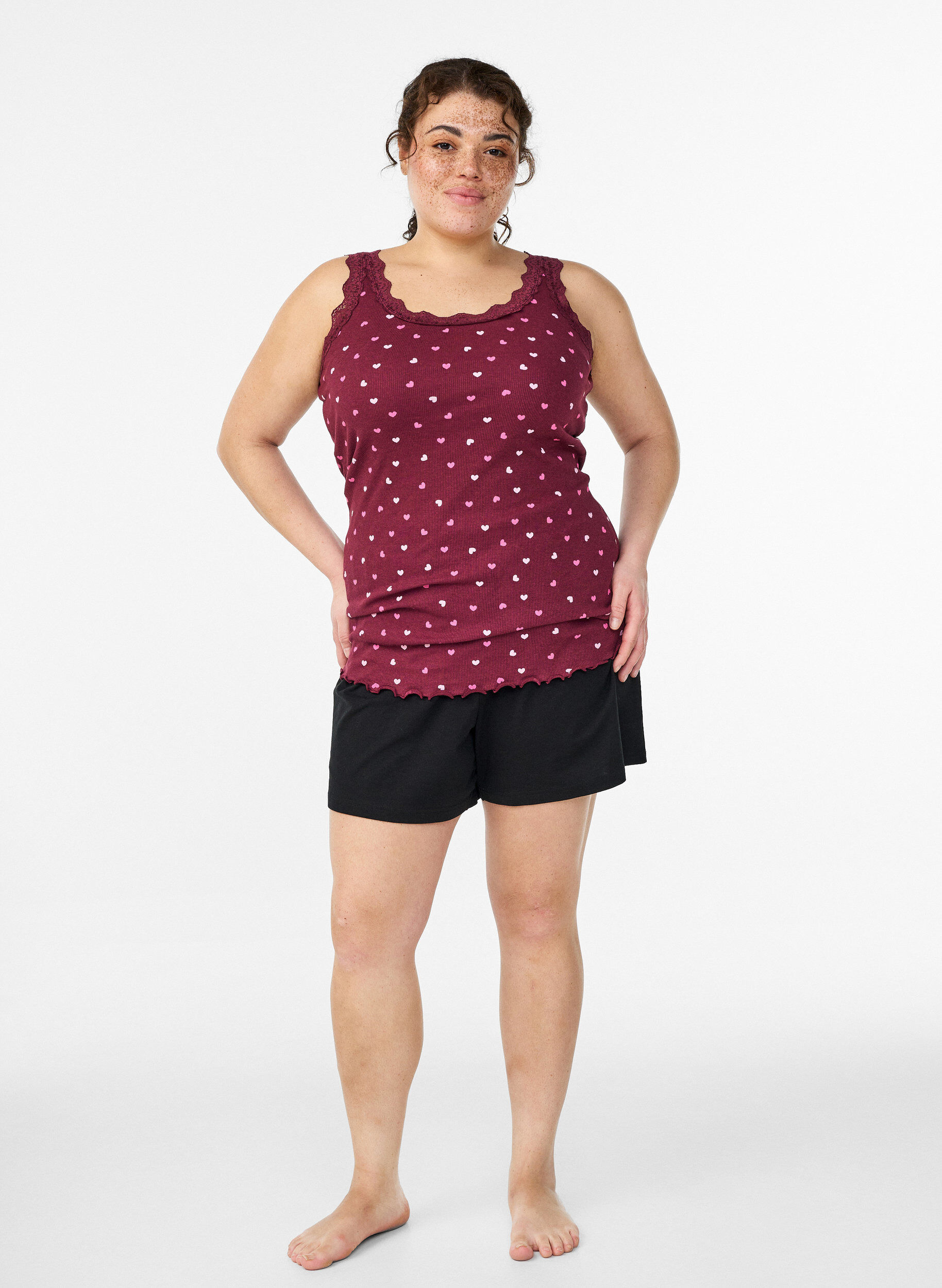 Zizzi Top met print en kanten rand, Rood, Model image number 1