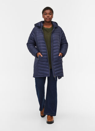 Gewatteerde lichte jas met afneembare capuchon en zakken, Navy Blazer, Model image number 2