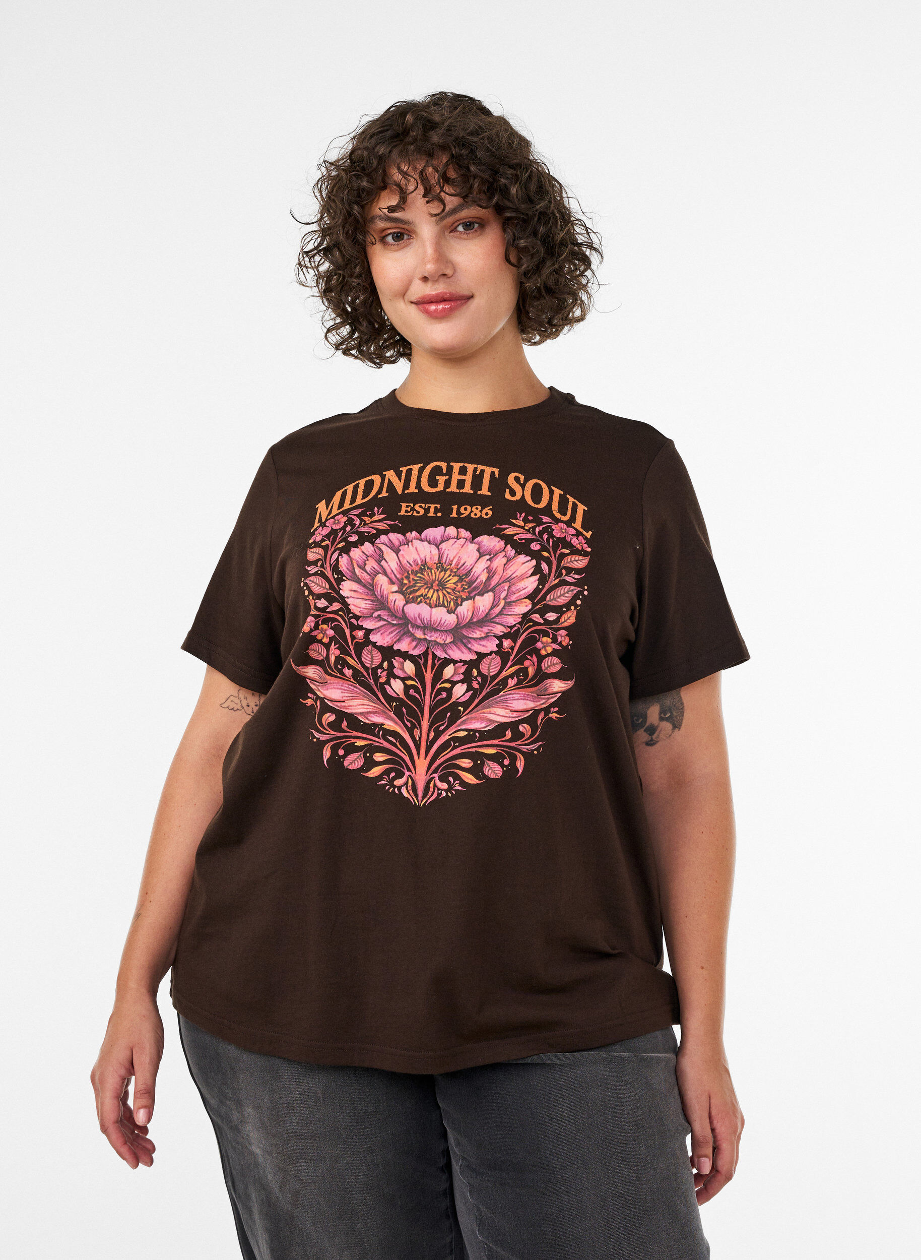 ZizziOrganisch katoenen T-shirt met print aan de voorkant, Bruin, Model image number 0