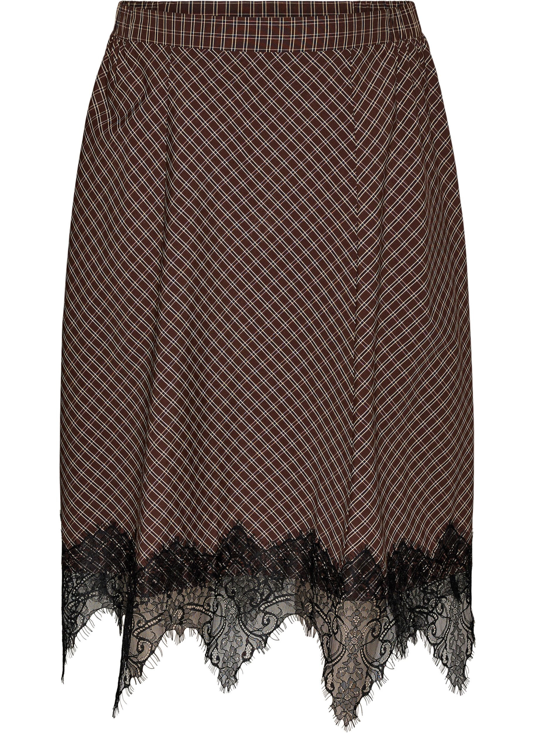 ZizziMidi-rok met kanten afwerking en ruitpatroon, Bruin, Packshot image number 0