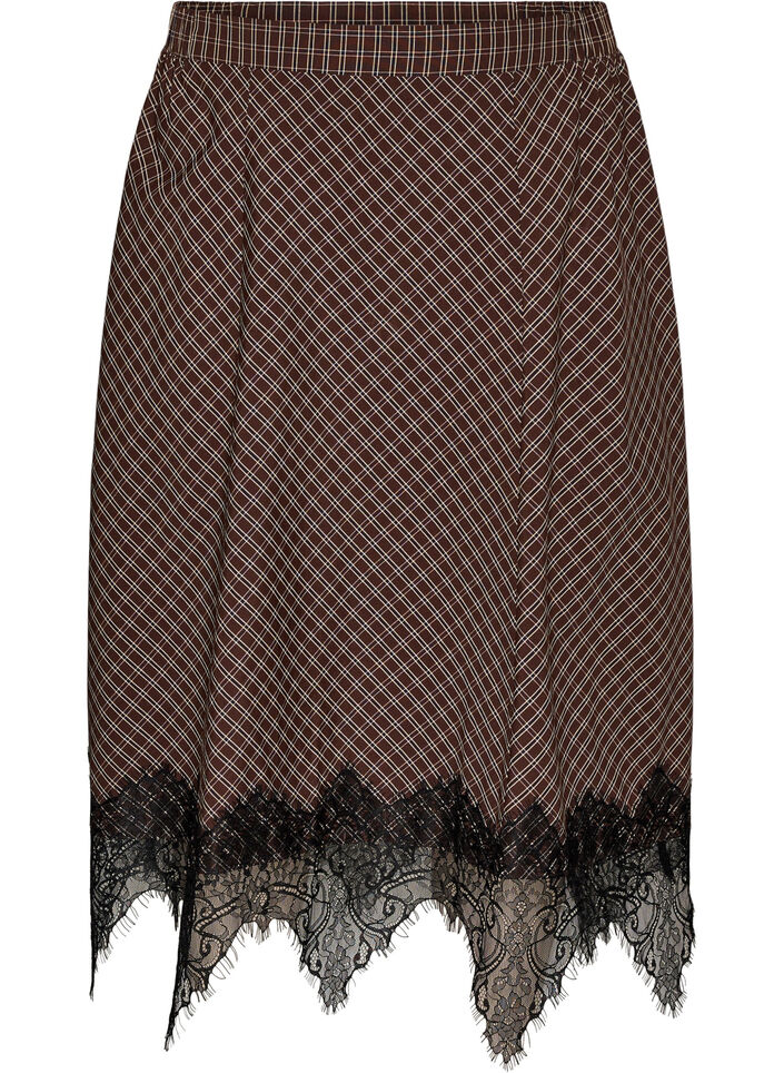 Midi-rok met kanten afwerking en ruitpatroon, Bruin, Packshot image number 0