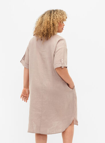 Linnen jurk met korte mouwen, Sand, Model image number 1