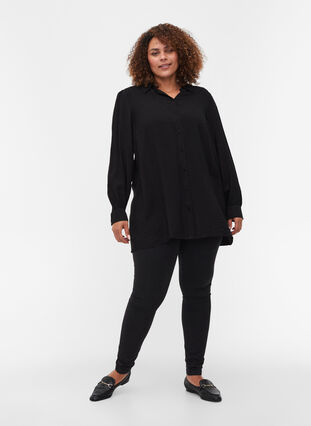 Lange blouse in effen kleur en viscosemix, Black, Model image number 2