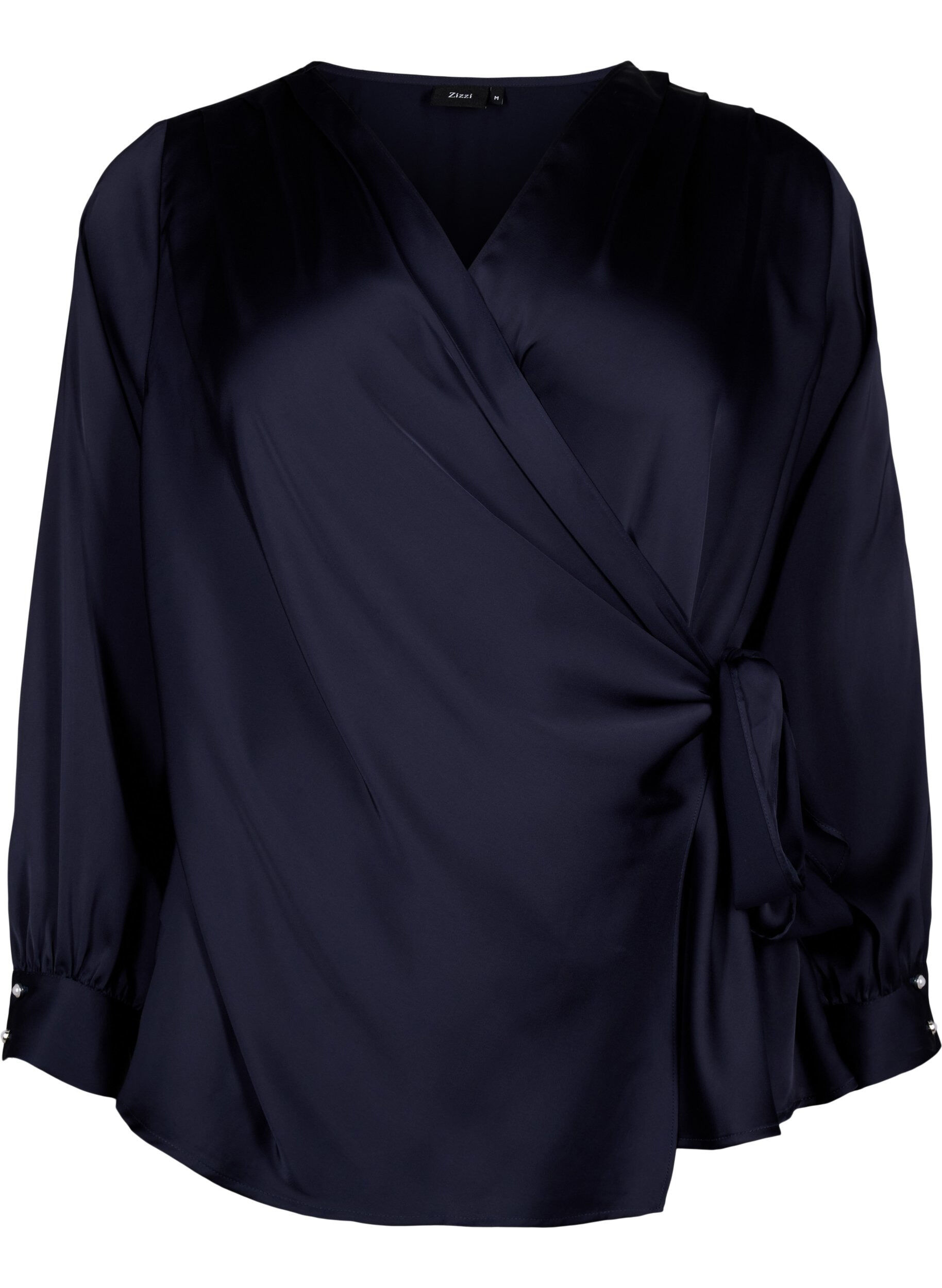 Zizzi Feestelijke blouse van satijn met overslag, Night Sky, Packshot image number 0
