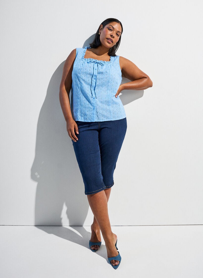 Mouwloze blouse met broderie anglaise en ruches, Blauw, Image image number 0