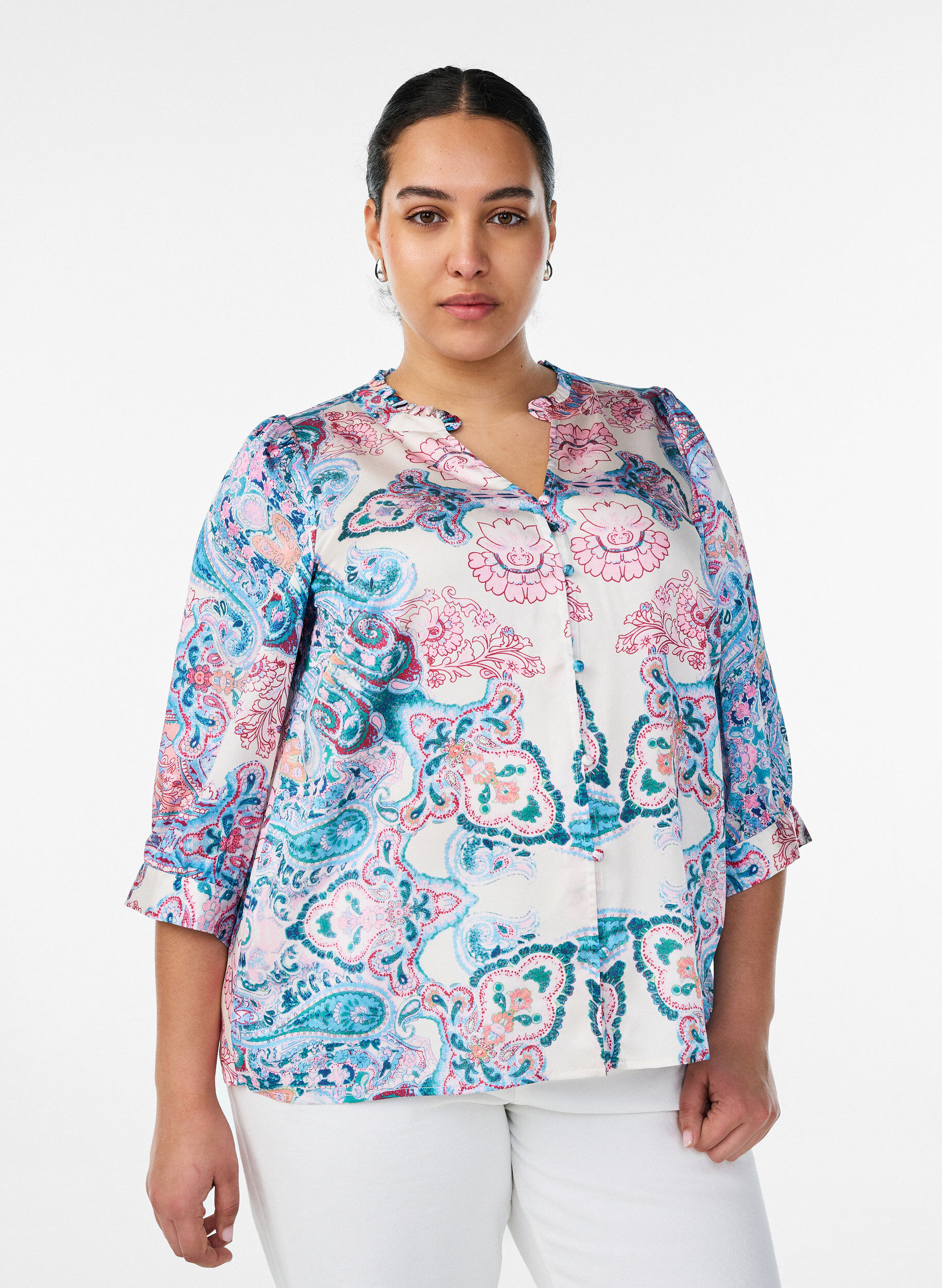 ZizziBlouse met satijn-look en paisleyprint met 3/4 mouwen, Blauw, Model image number 0
