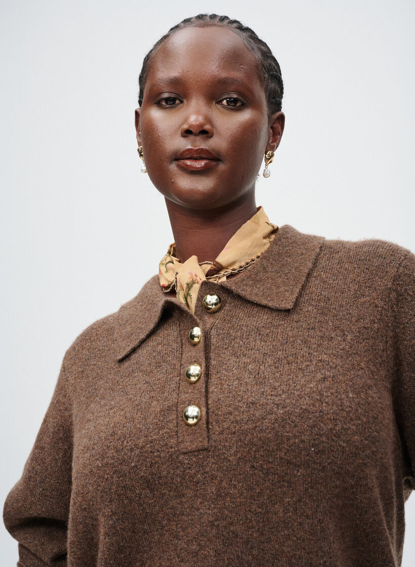 Korte gebreide jurk met polokraag en knopen, Bruin, Image