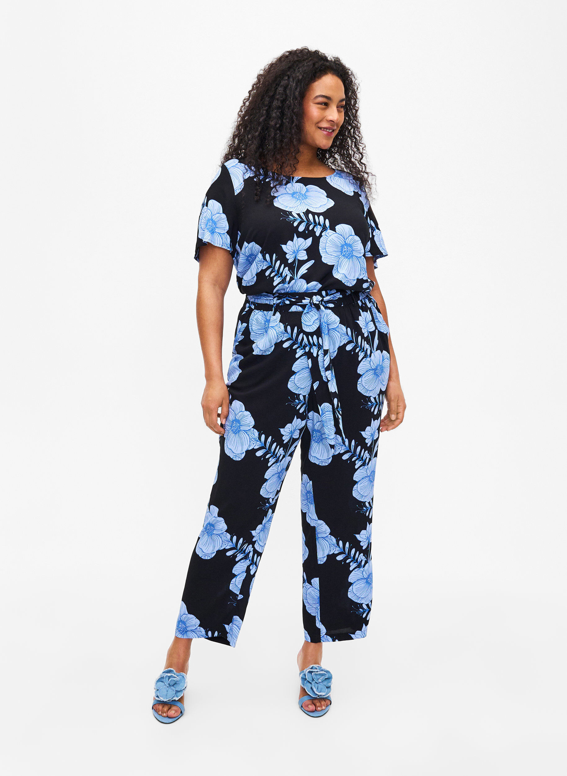 Zizzi Viscose broek met hoge taille, Zwart, Model image number 0