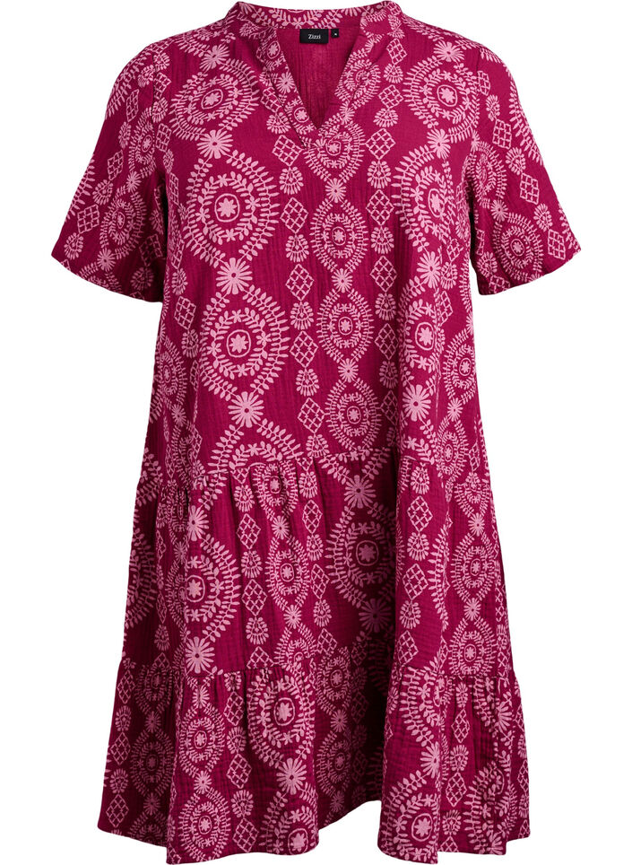 Korte jurk in katoen mousseline met een patroon, 9992, Packshot image number 0