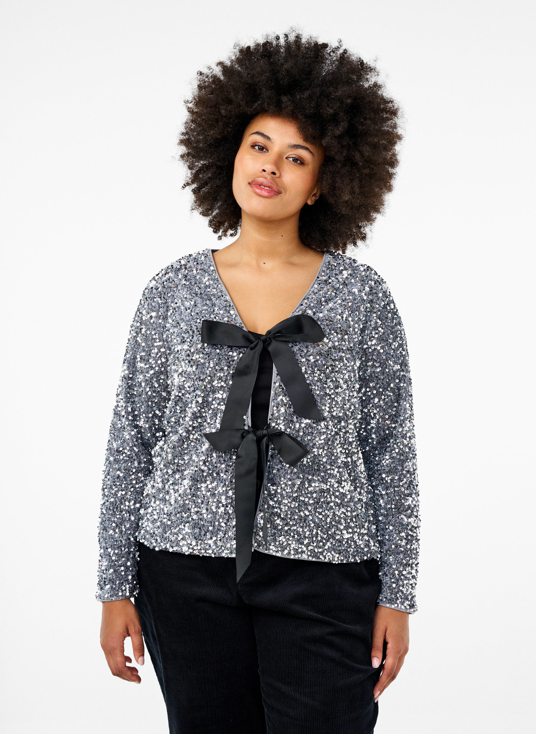 Zizzi Pailletten blouse met strikdetails, Silver, Model image number 0