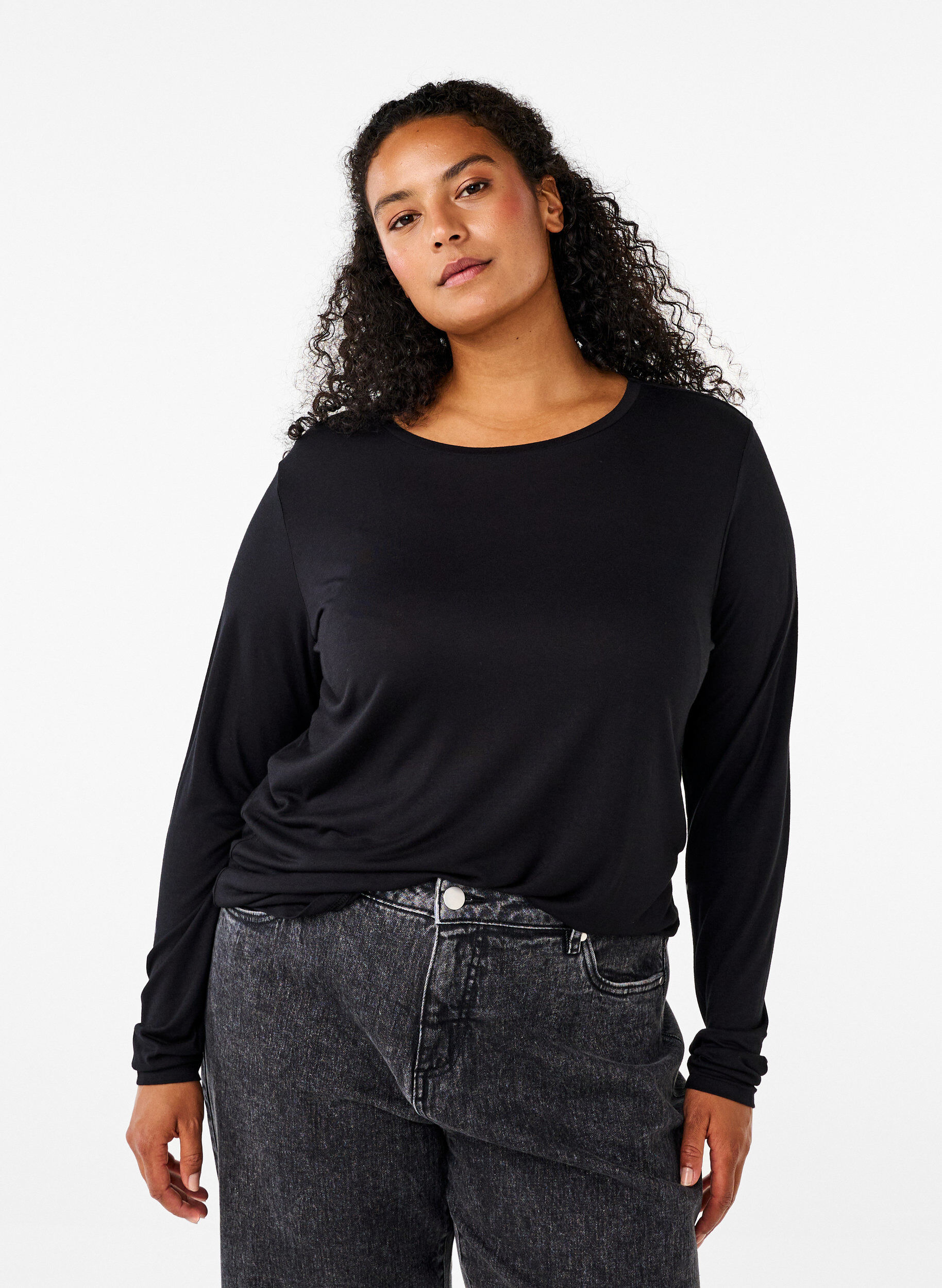 ZizziBlouse met lange mouwen van wol en viscose, Zwart, Model image number 0