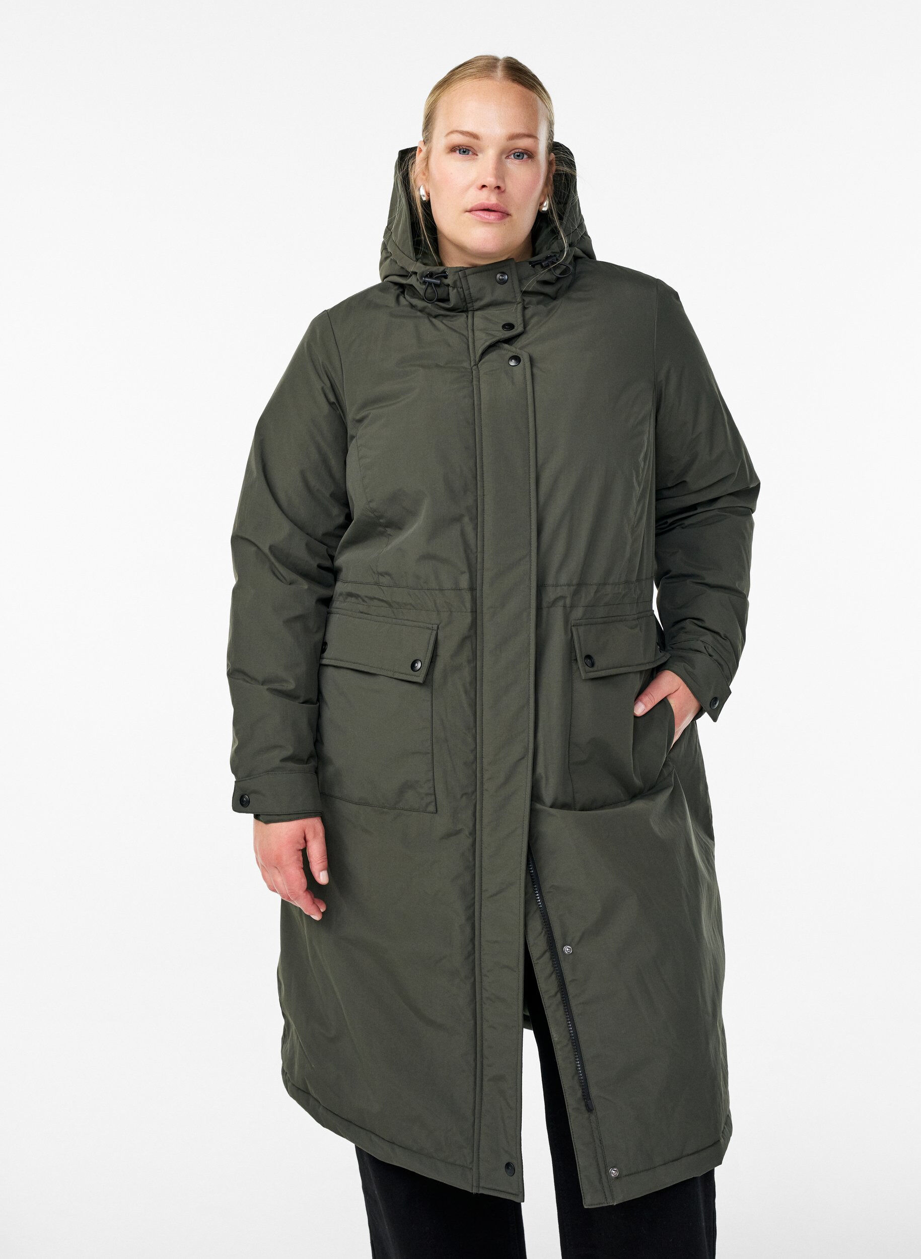 Parka met capuchon en verstelbare taille, Groen, Model