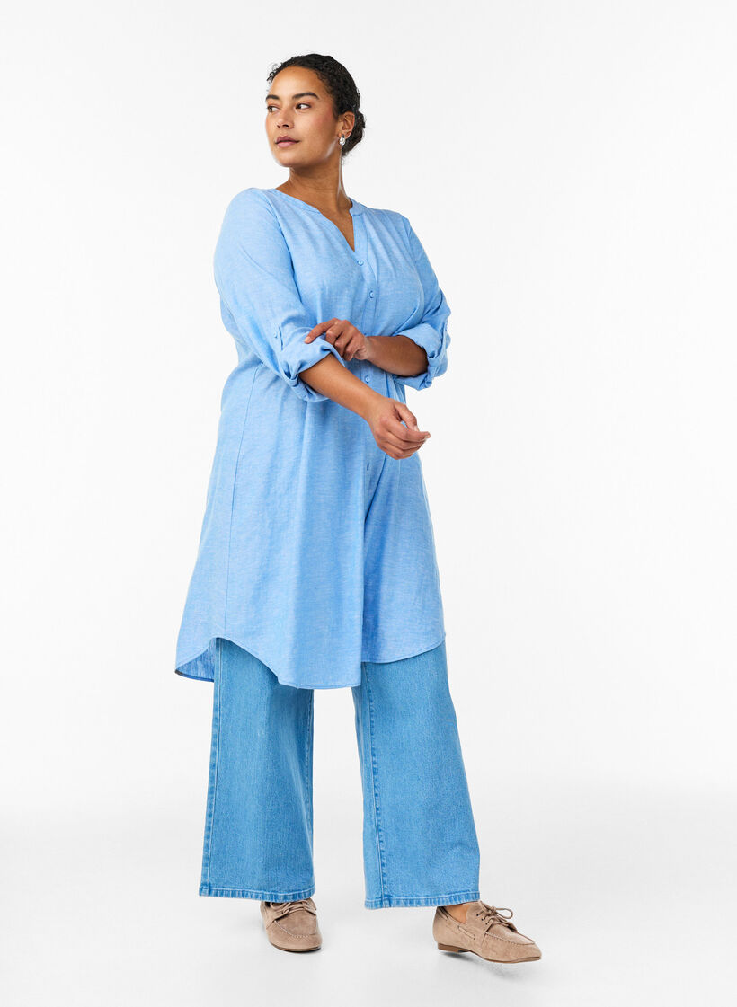 Lang shirt in linnen en viscose, Blauw, Model image number 1