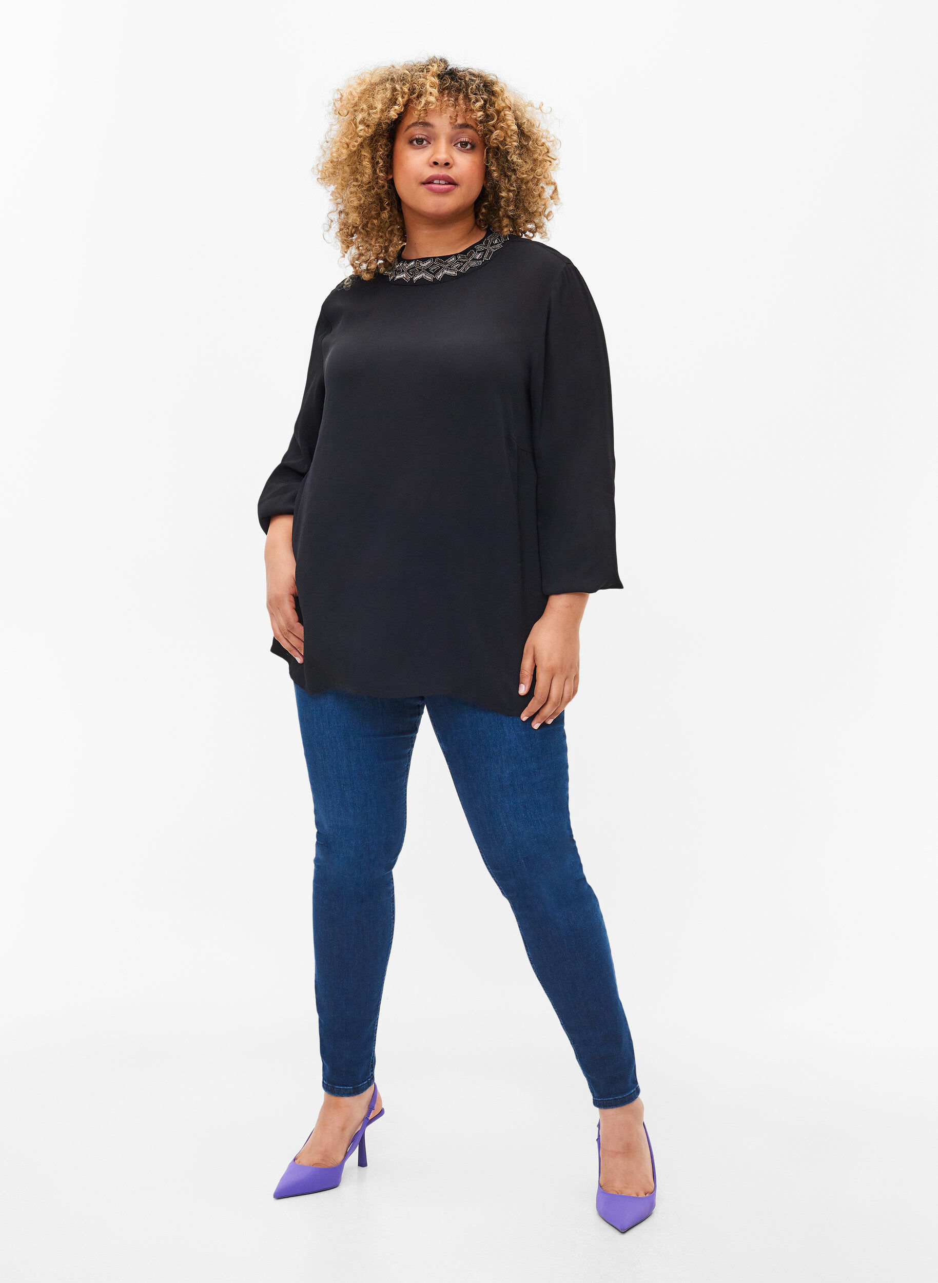 Zizzi Viscose blouse met lange mouwen en parels, Black, Model image number 3