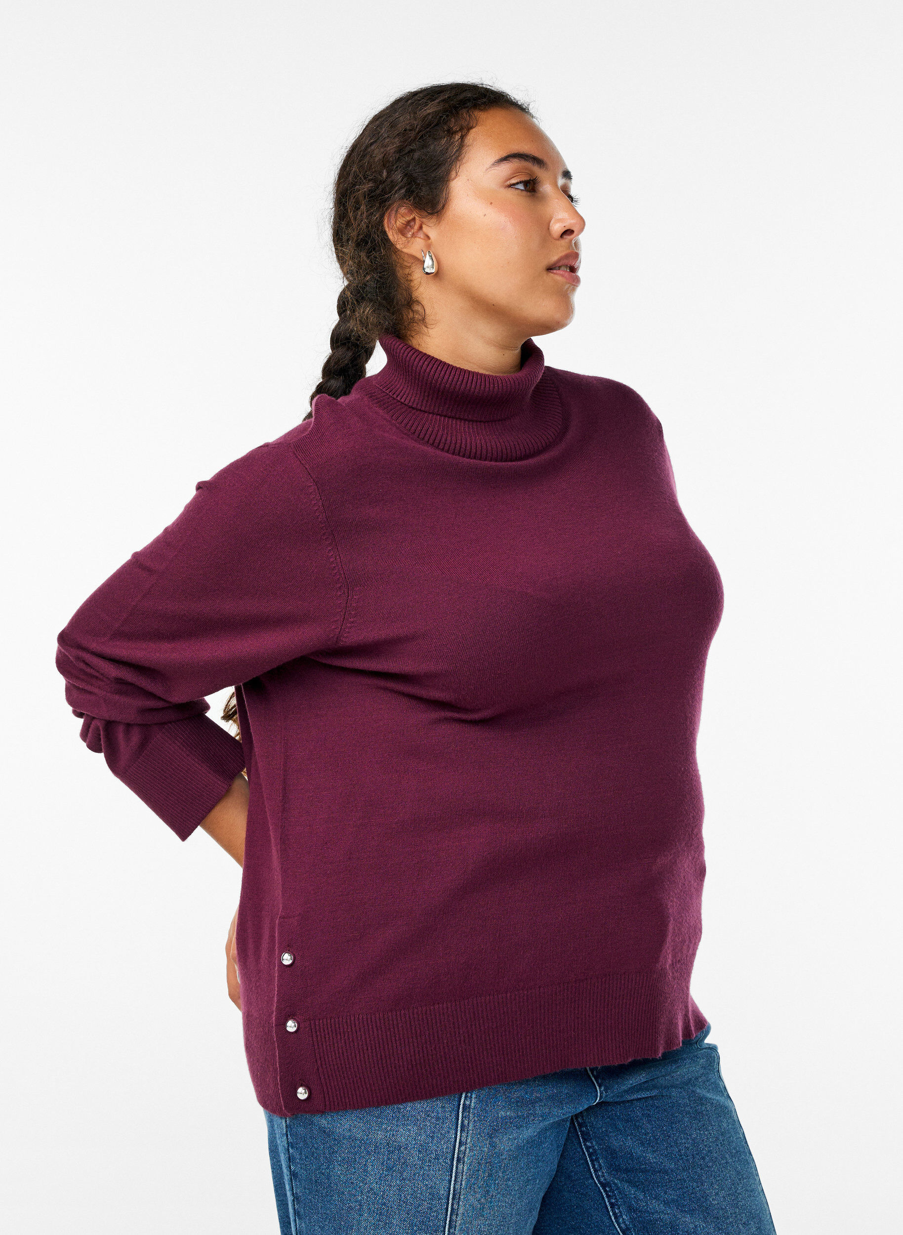 Zizzi Gebreide blouse met col en knopen aan de zijkant, Donker Bordeaux, Model image number 3