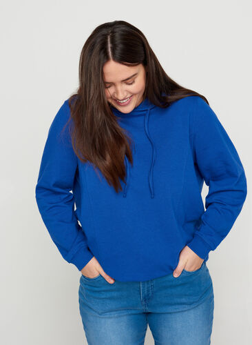 Sweatshirt met capuchon en geribbelde randen, Deep Blue , Model image number 0