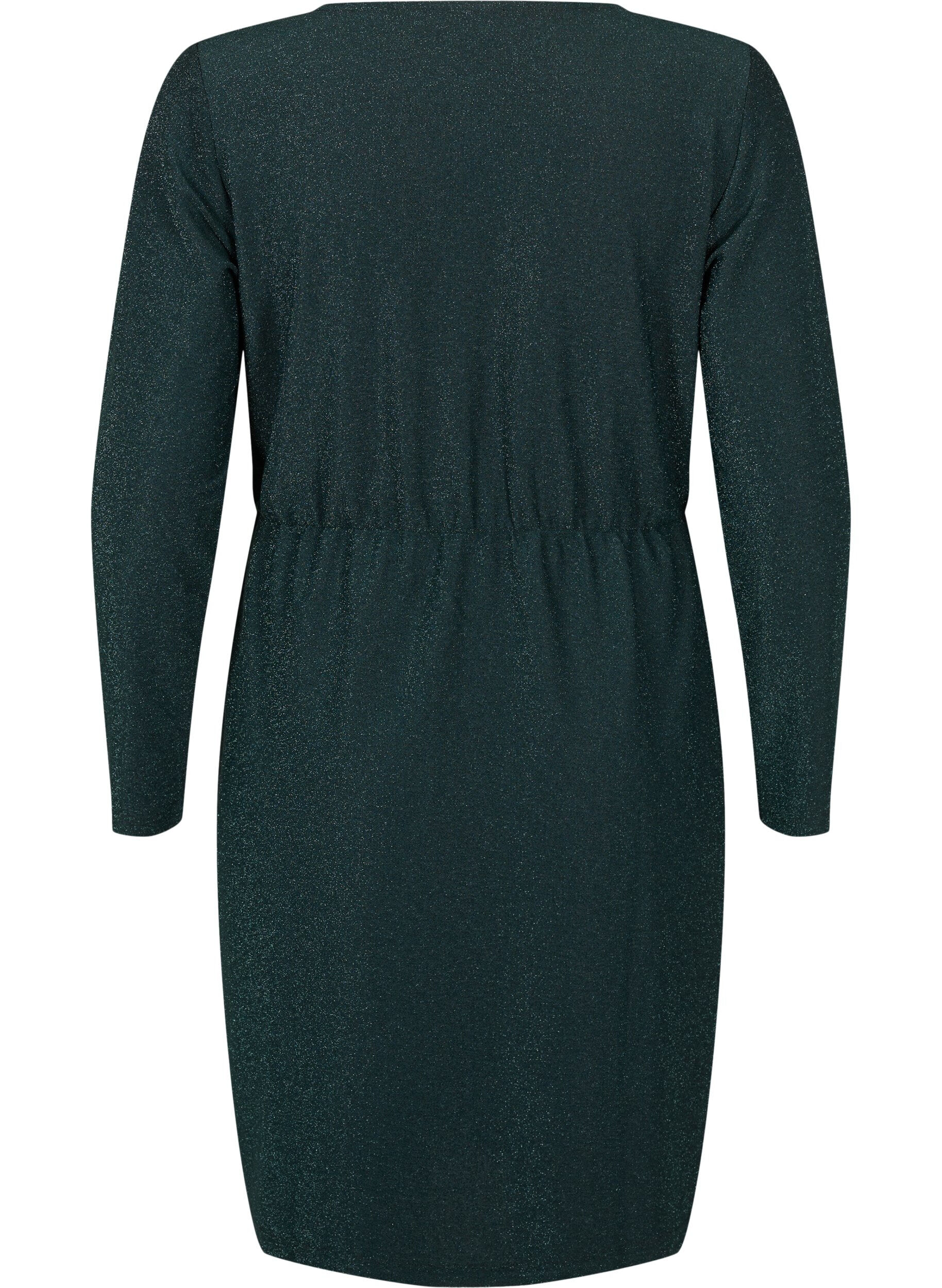 Zizzi Glitterjurk met wikkel look en lange mouwen, Black Scarab, Packshot image number 1