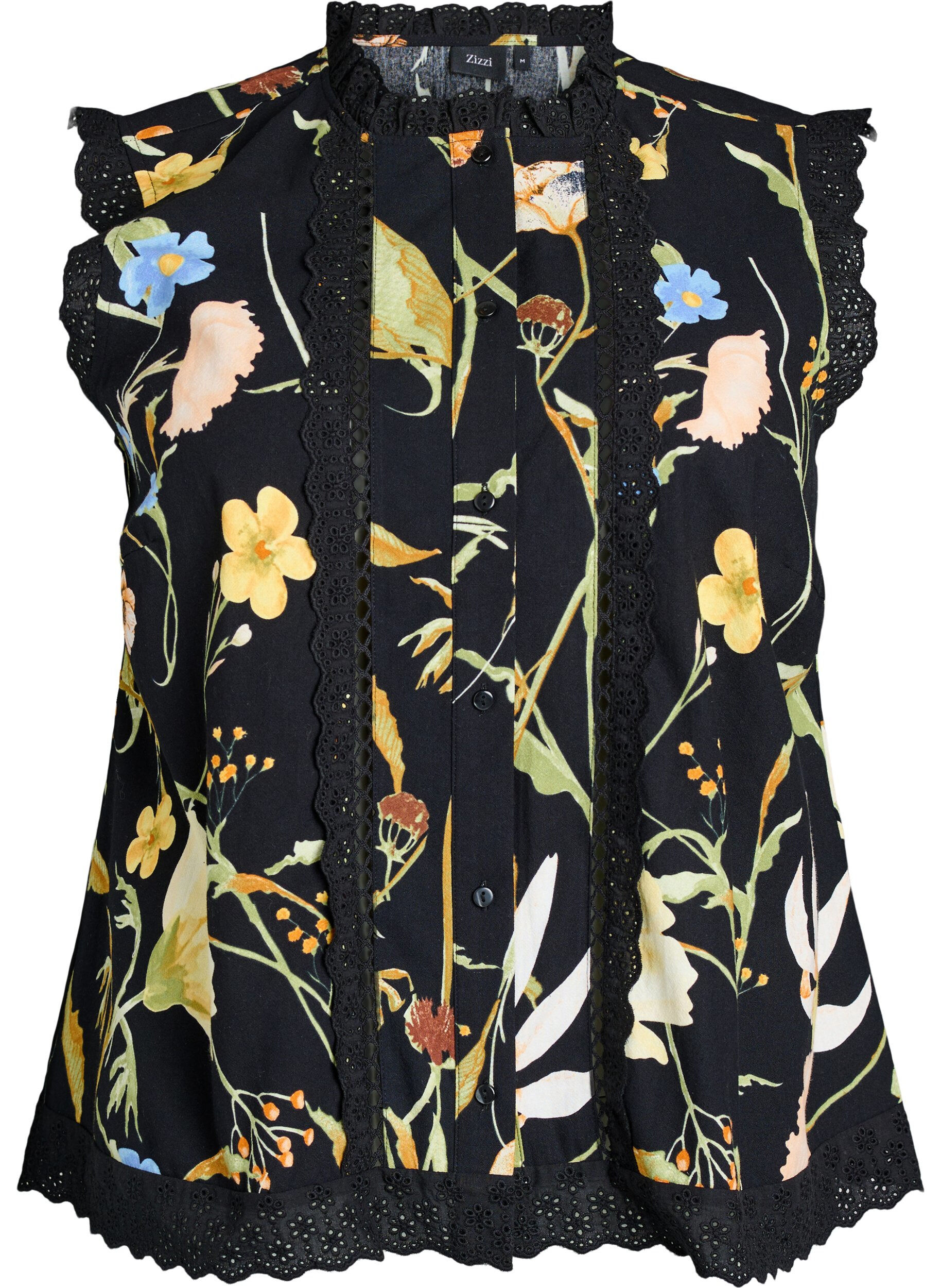 Zizzi Mouwloze katoenen blouse met bloemenprint en broderie anglaise, Zwart, Packshot image number 0