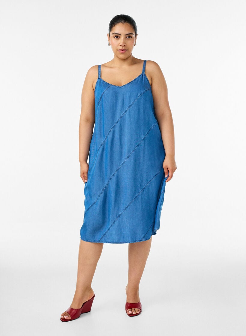 Denimlook jurk in TENCEL&trade; Lyocell met bandjes, Blauw, Model image number 1