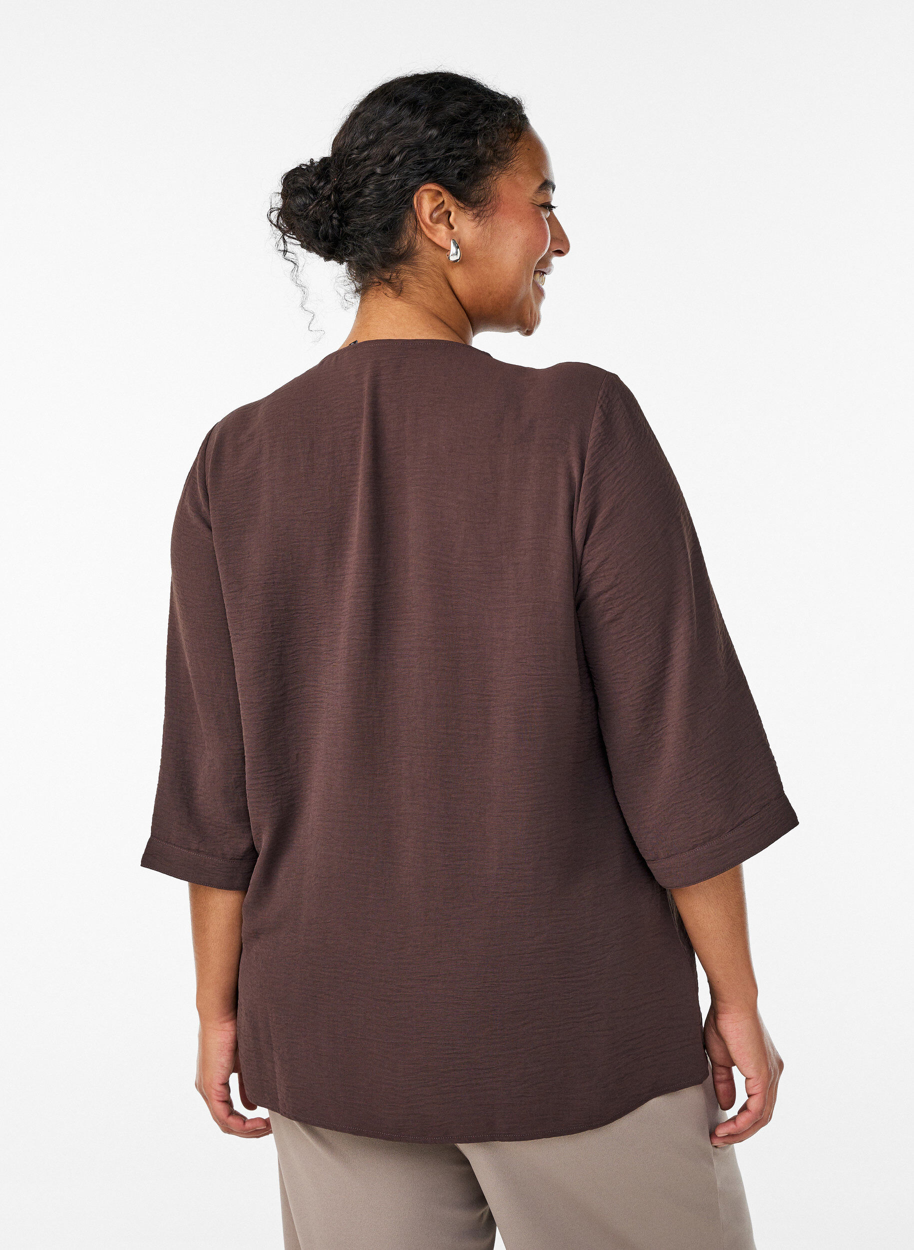 ZizziShirtblouse met V-hals en 3/4 mouwen, Bruin, Model image number 2