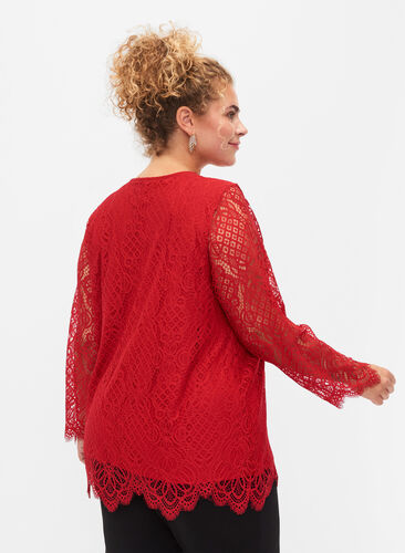 Kanten blouse met lange mouwen en v-hals, Tango Red, Model image number 1