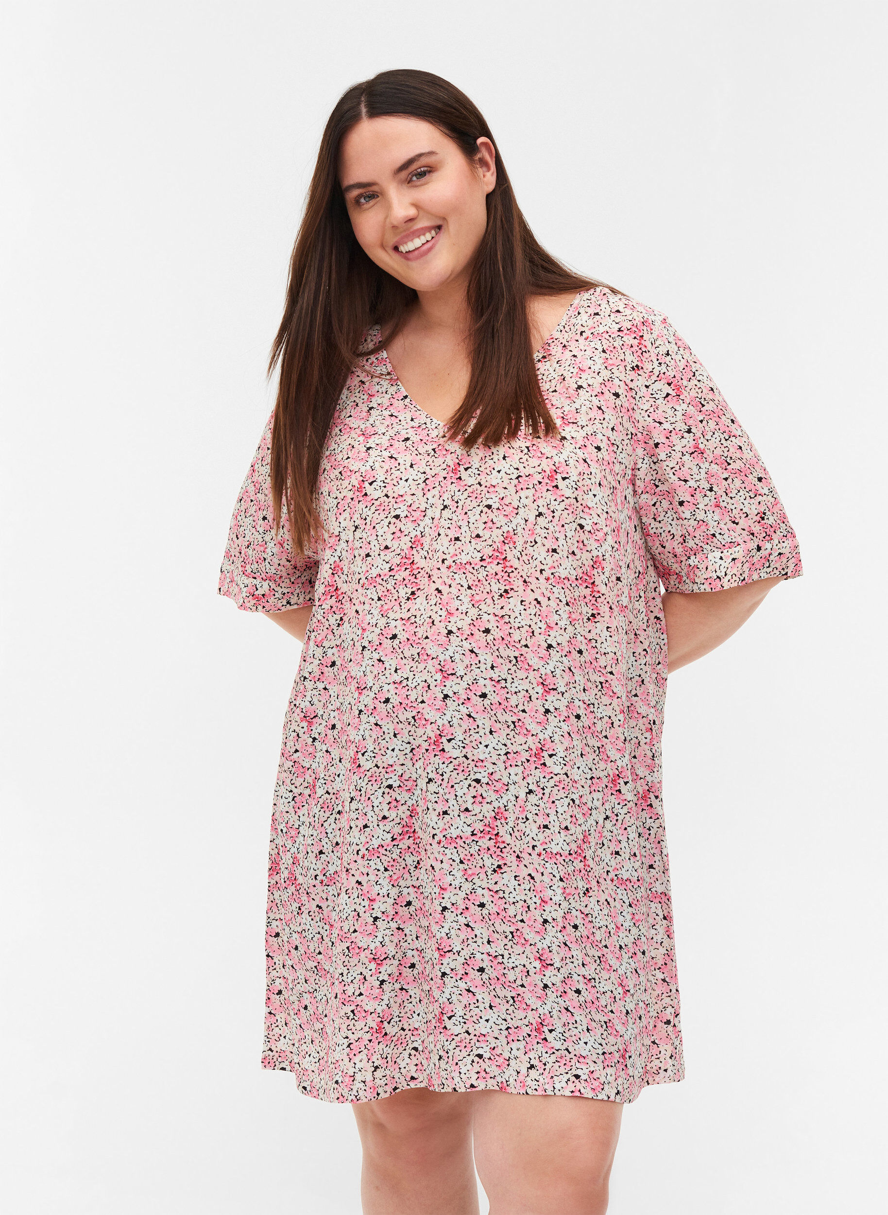 Zizzi Tuniek van viscose met print en korte mouwen, Pink Ditsy AOP, Model image number 0