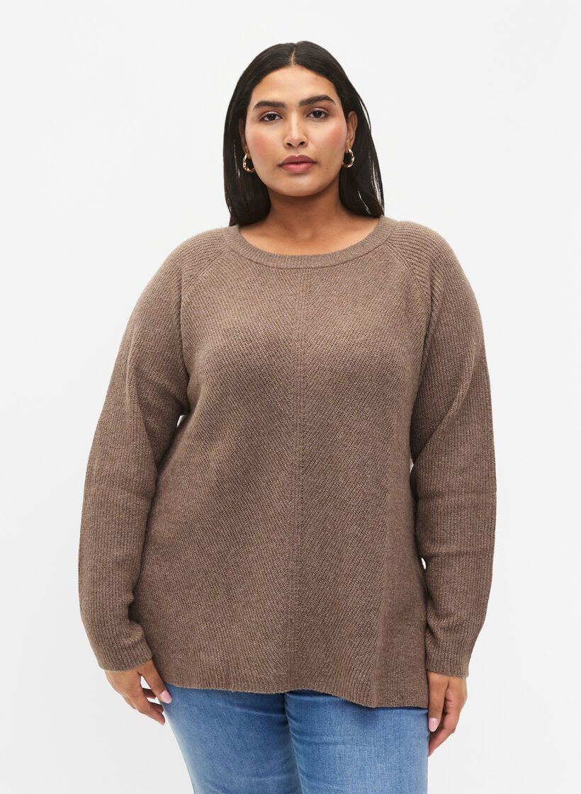 Gemêleerde pullover met zijsplit, Walnut/White Mel., Model image number 0