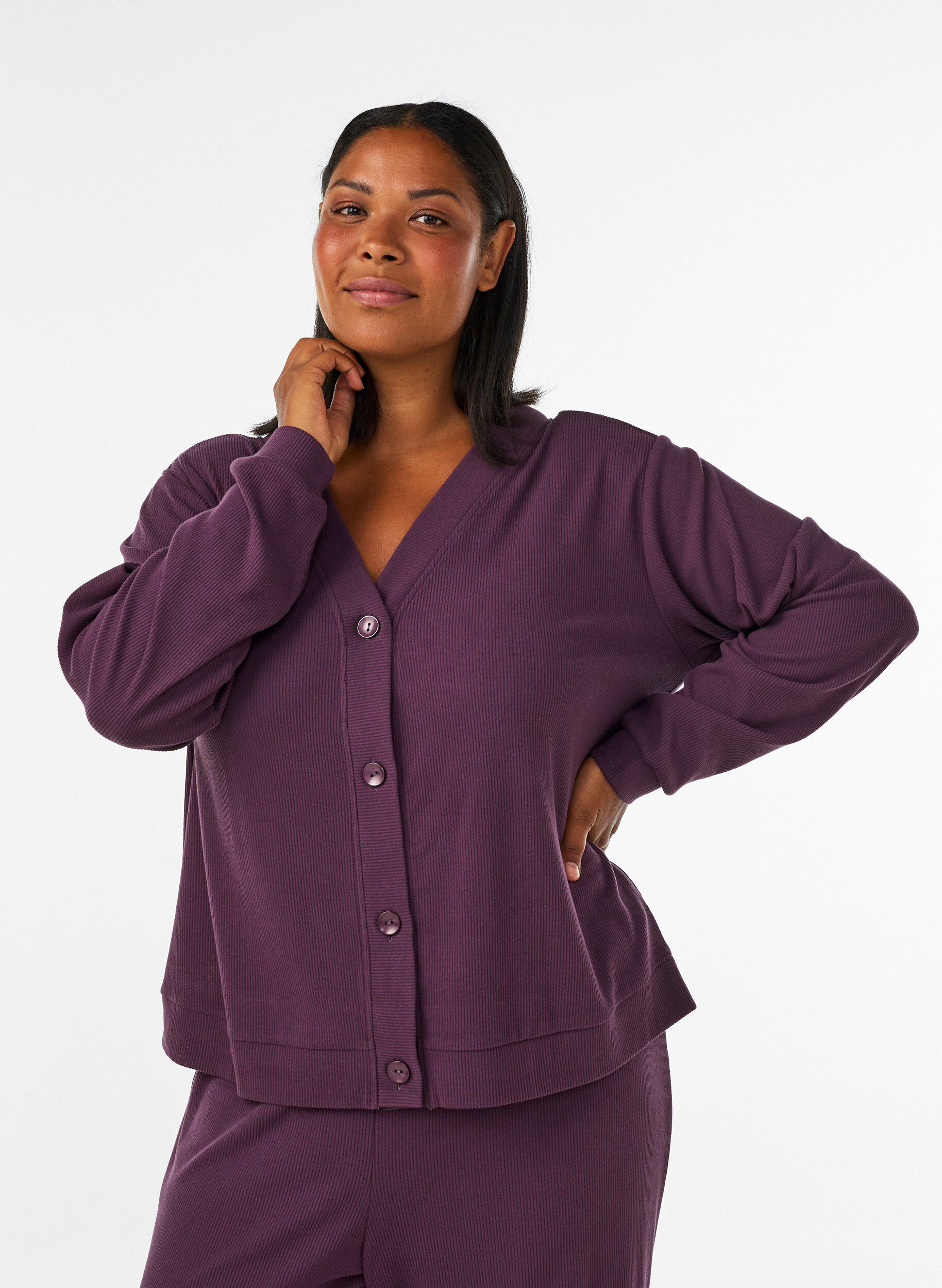 ZizziGeribd jersey vest met V-hals, Paars, Model image number 0