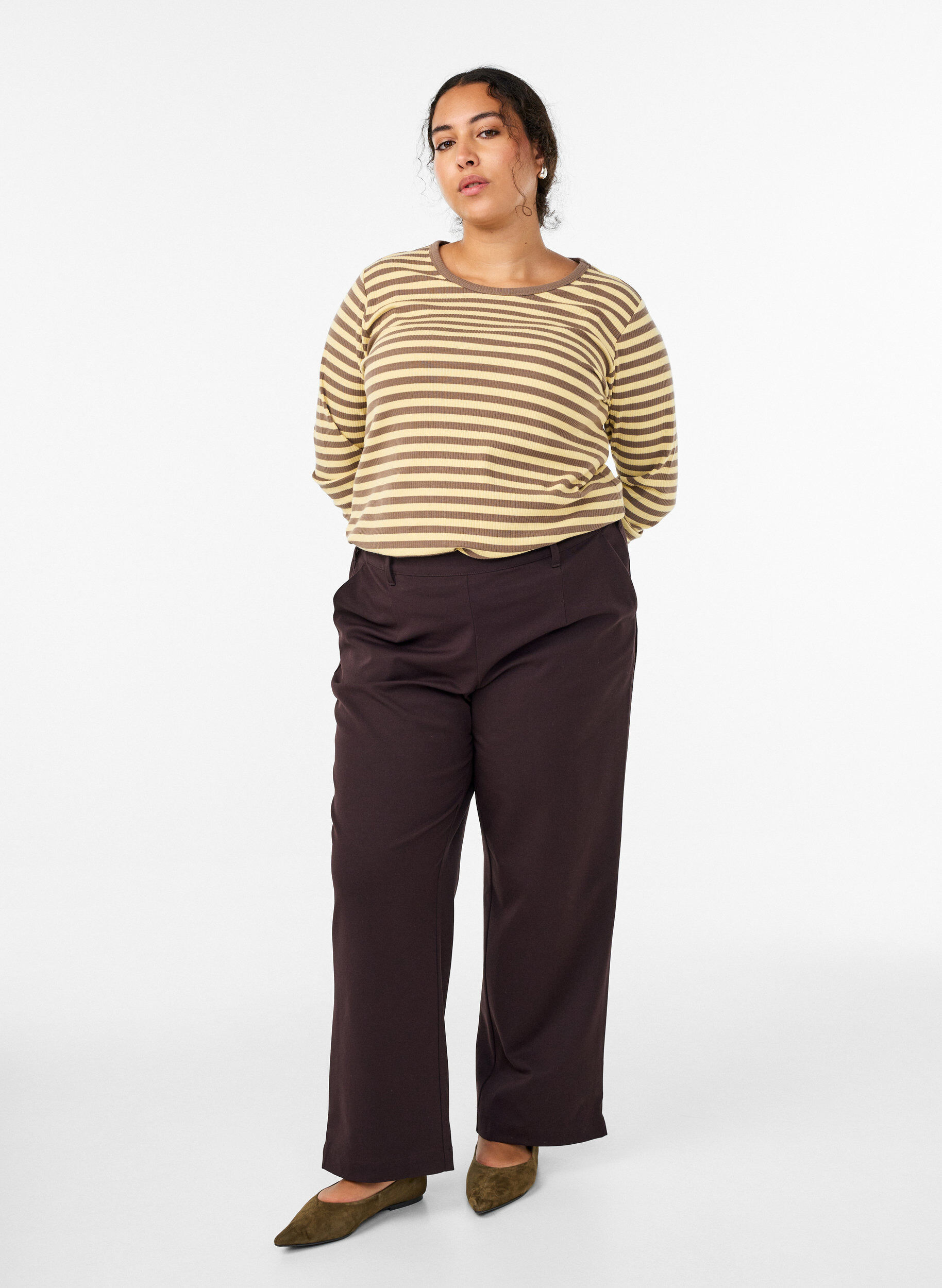 ZizziGestreepte blouse met lange mouwen, Bruin, Model image number 1