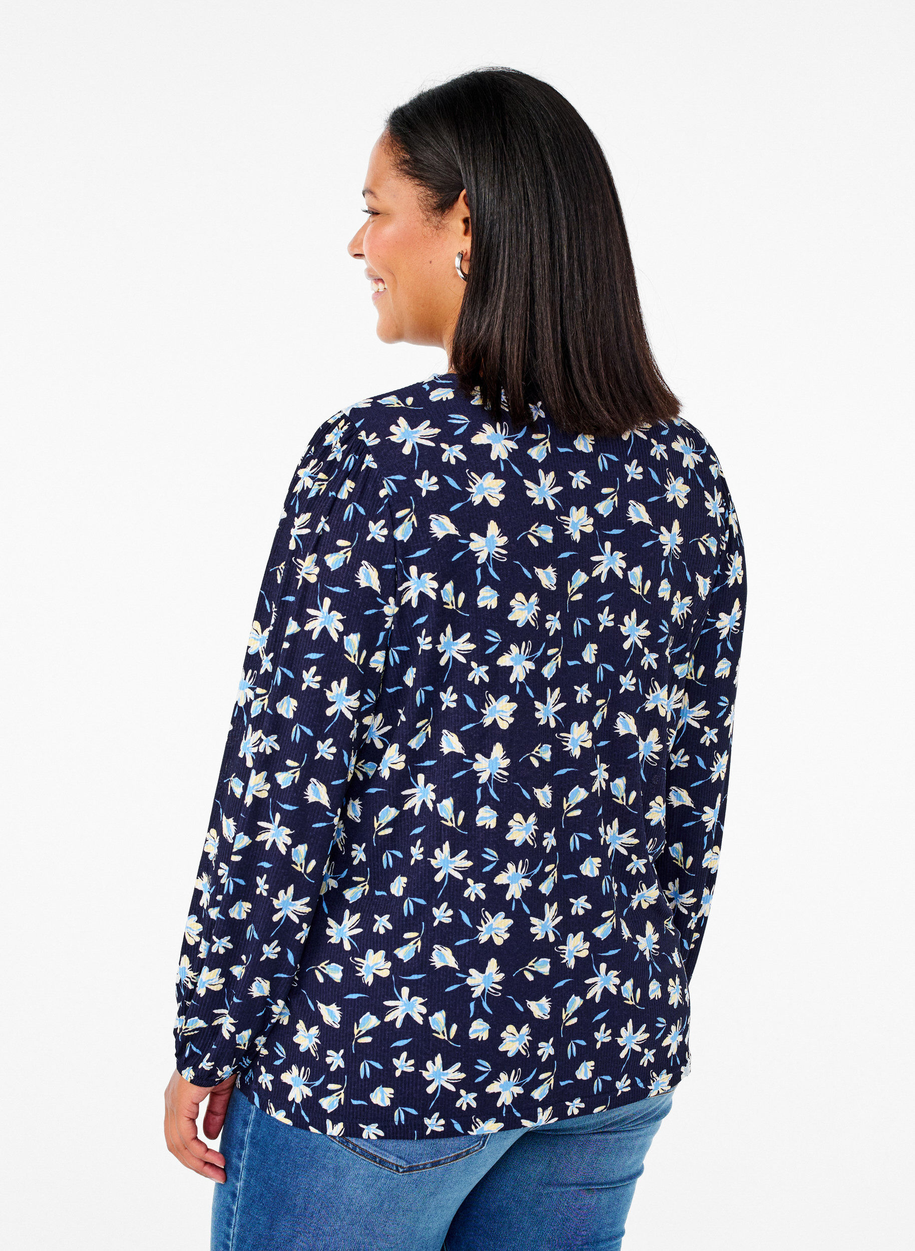 Zizzi Blouse met lange mouwen en bloemenprint, Blauw, Model image number 2