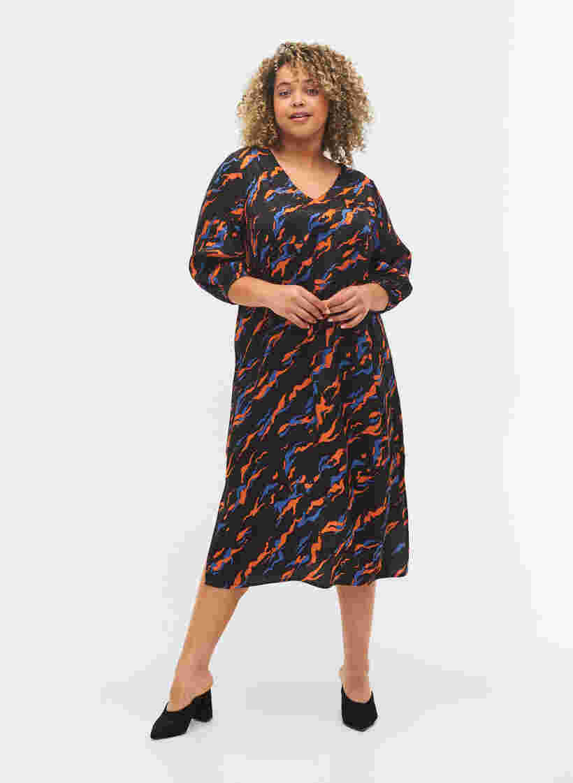 Midi-jurk met print en 3/4-mouwen in viscose, Black Tiger AOP, Model image number 2