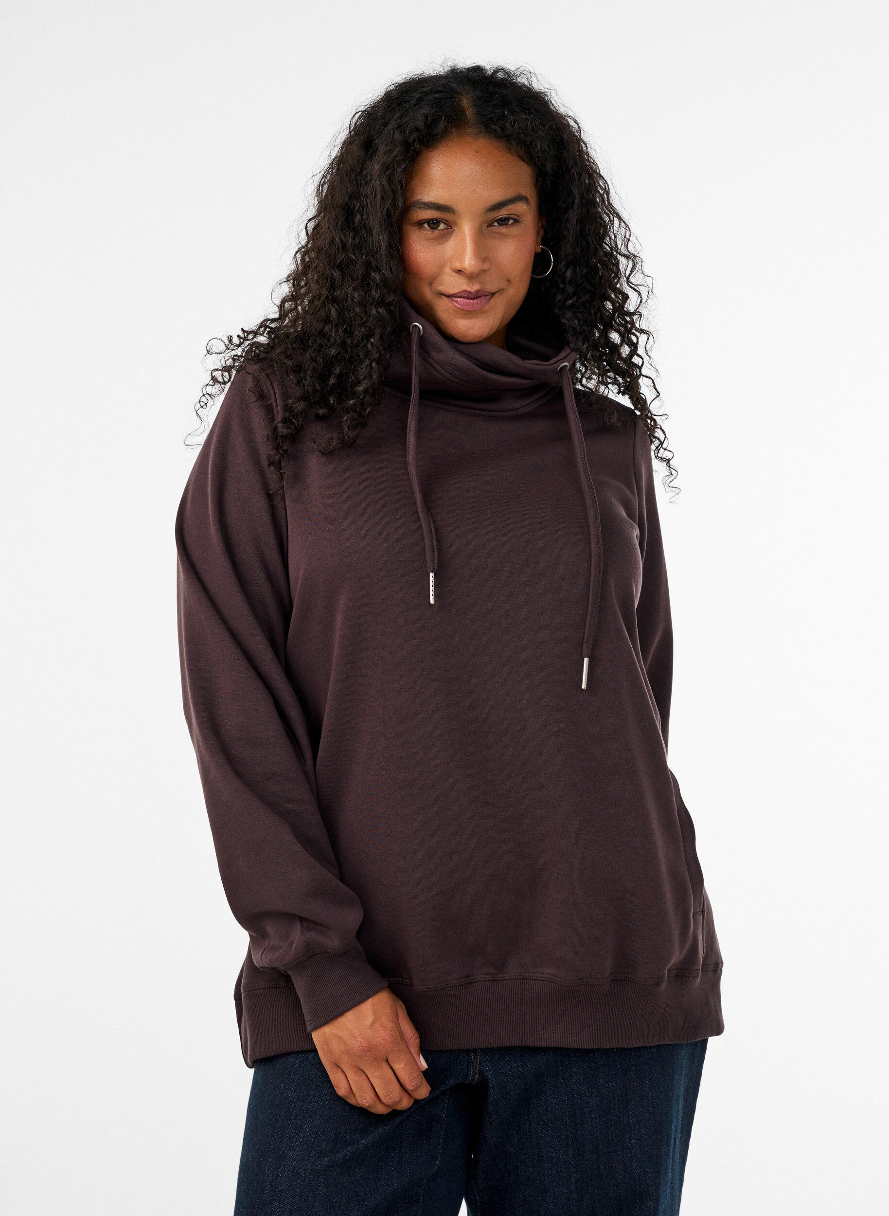 Sweatshirt met hoge kraag en zakken, Bruin, Model
