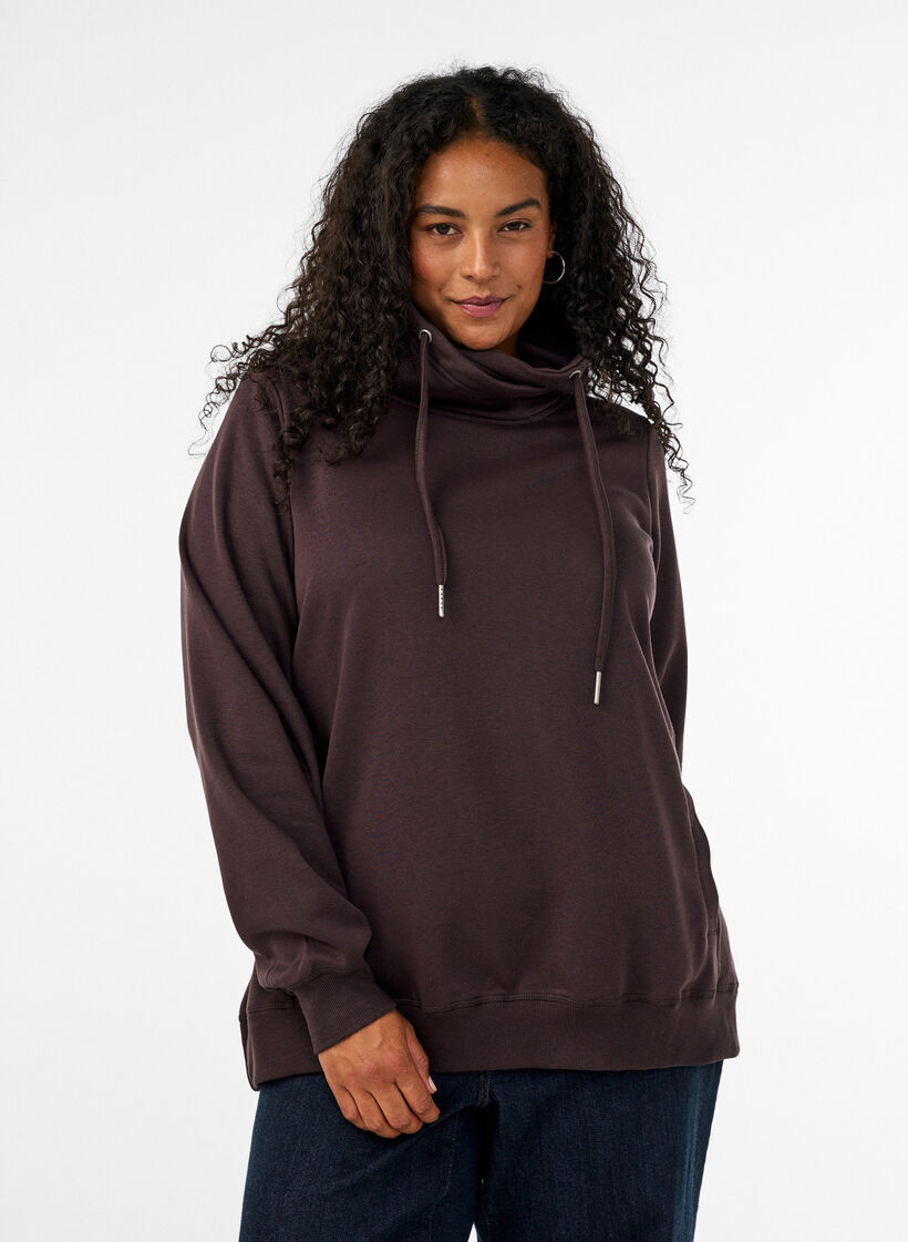 Sweatshirt met hoge kraag en zakken, Bruin, Model image number 0