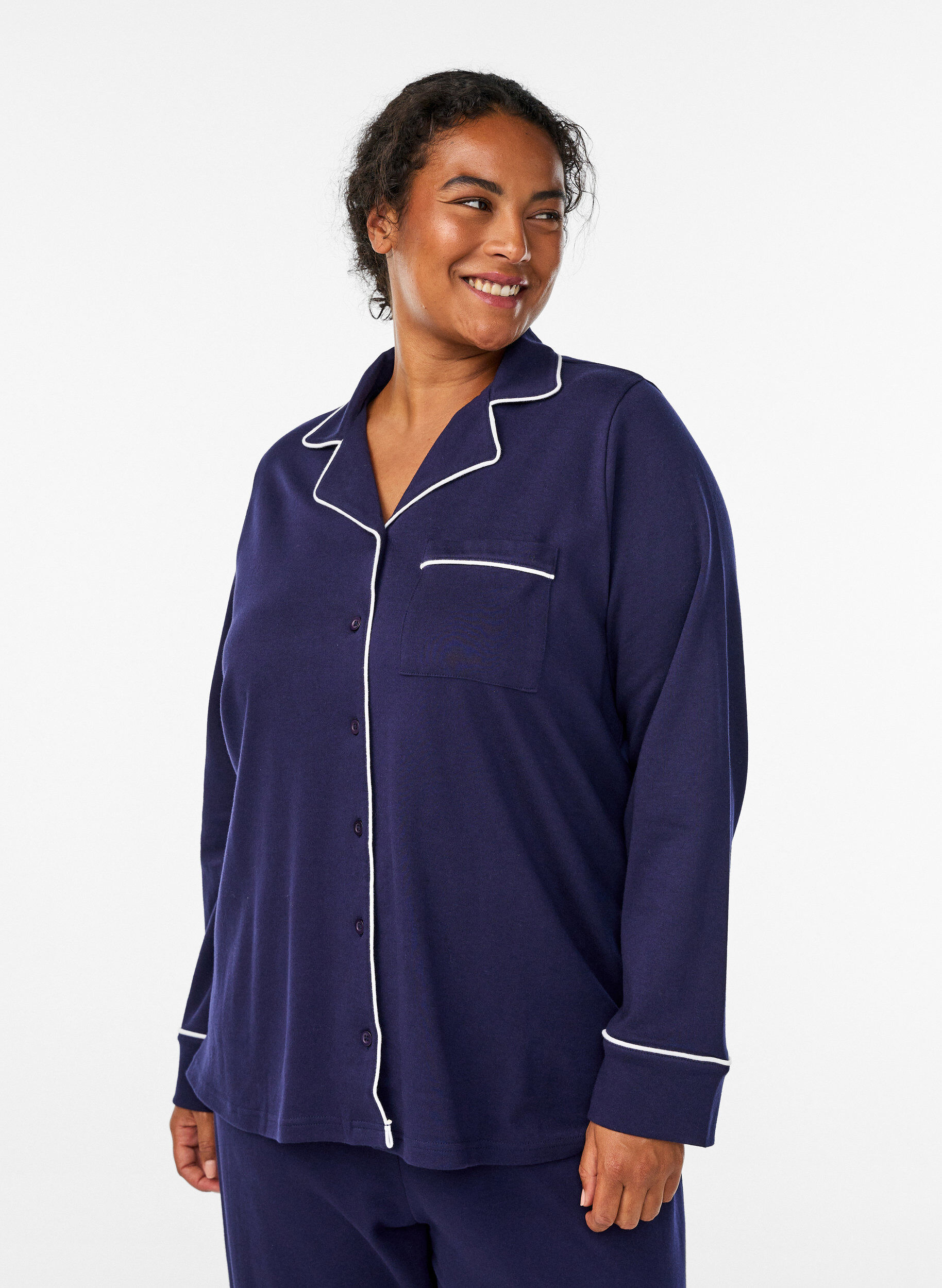 ZizziKatoenen pyjamashirt met borstzak, Blauw, Model image number 0